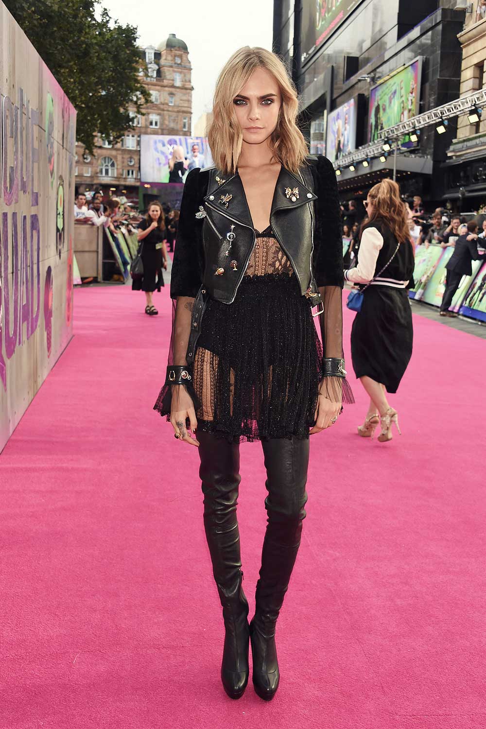 Cara Delevingne attends the Suicide Squad European Premiere - Leather