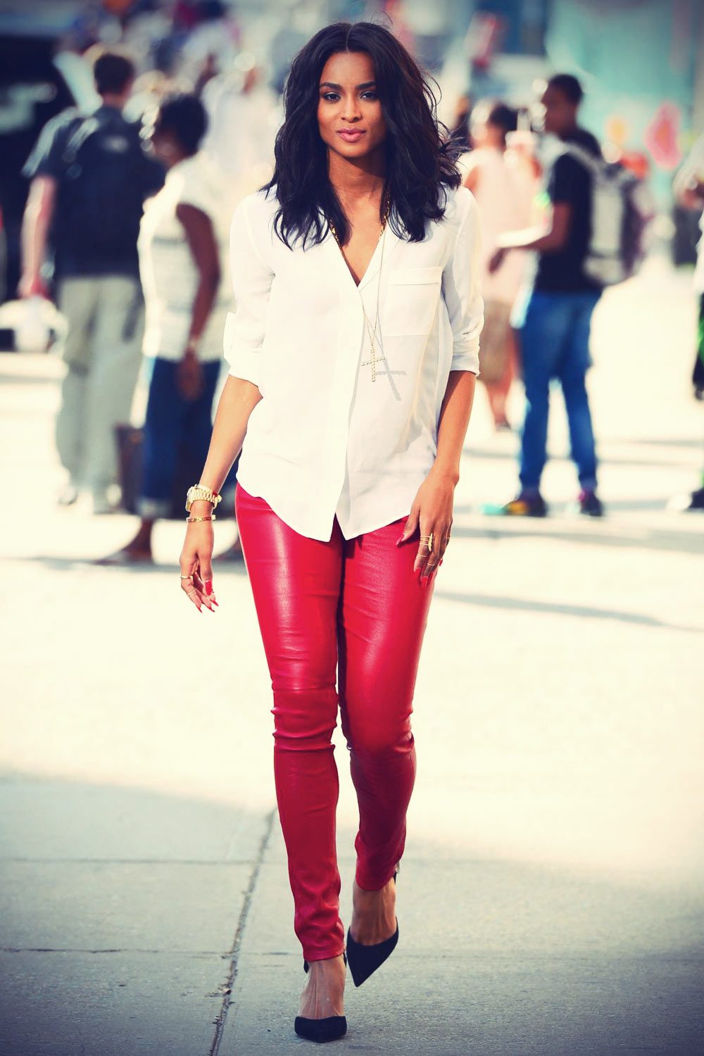 Ciara in Red Leather Pants Leaving a Studio in New York - Leather