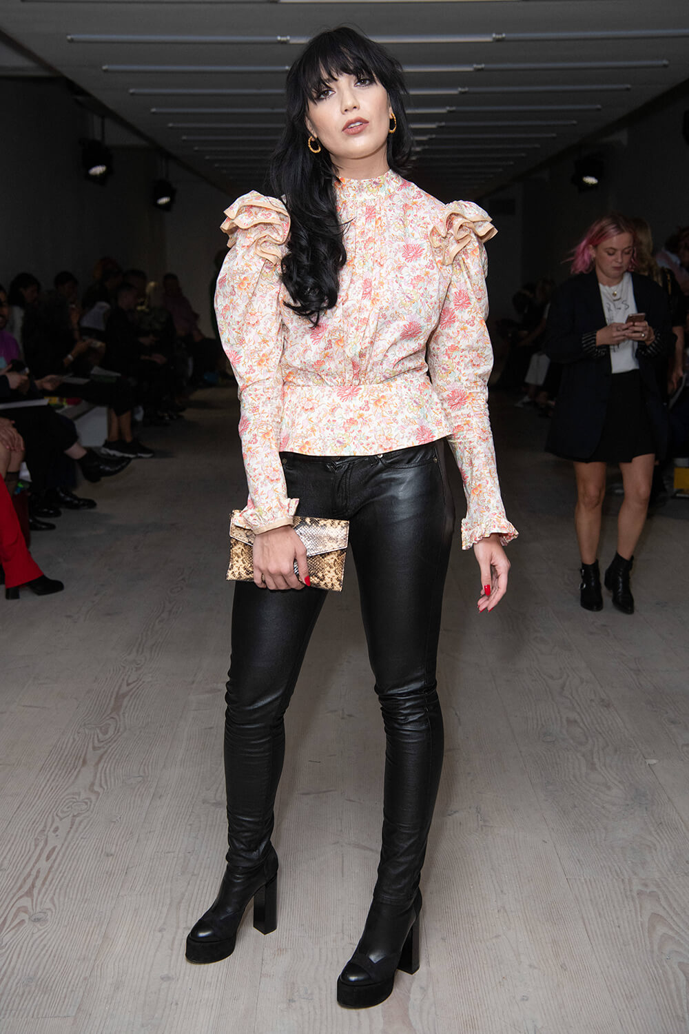 Daisy Lowe attends Matty Bovan Fashion Show Front Row - Leather Celebrities