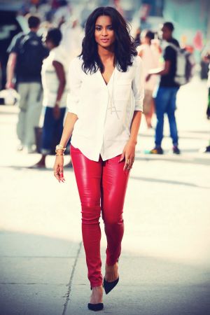 Ciara in Red Leather Pants Leaving a Studio in New York