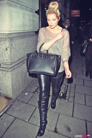 Helen Flanagan at Novikov Restaurant wearing black leather trousers