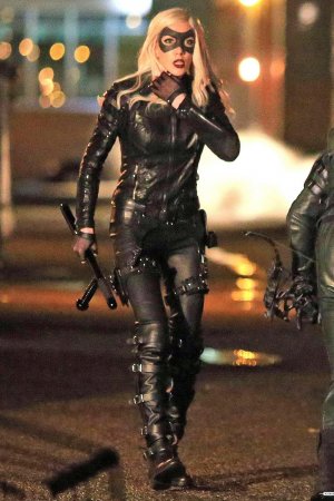 Katie Cassidy on the set of Arrow