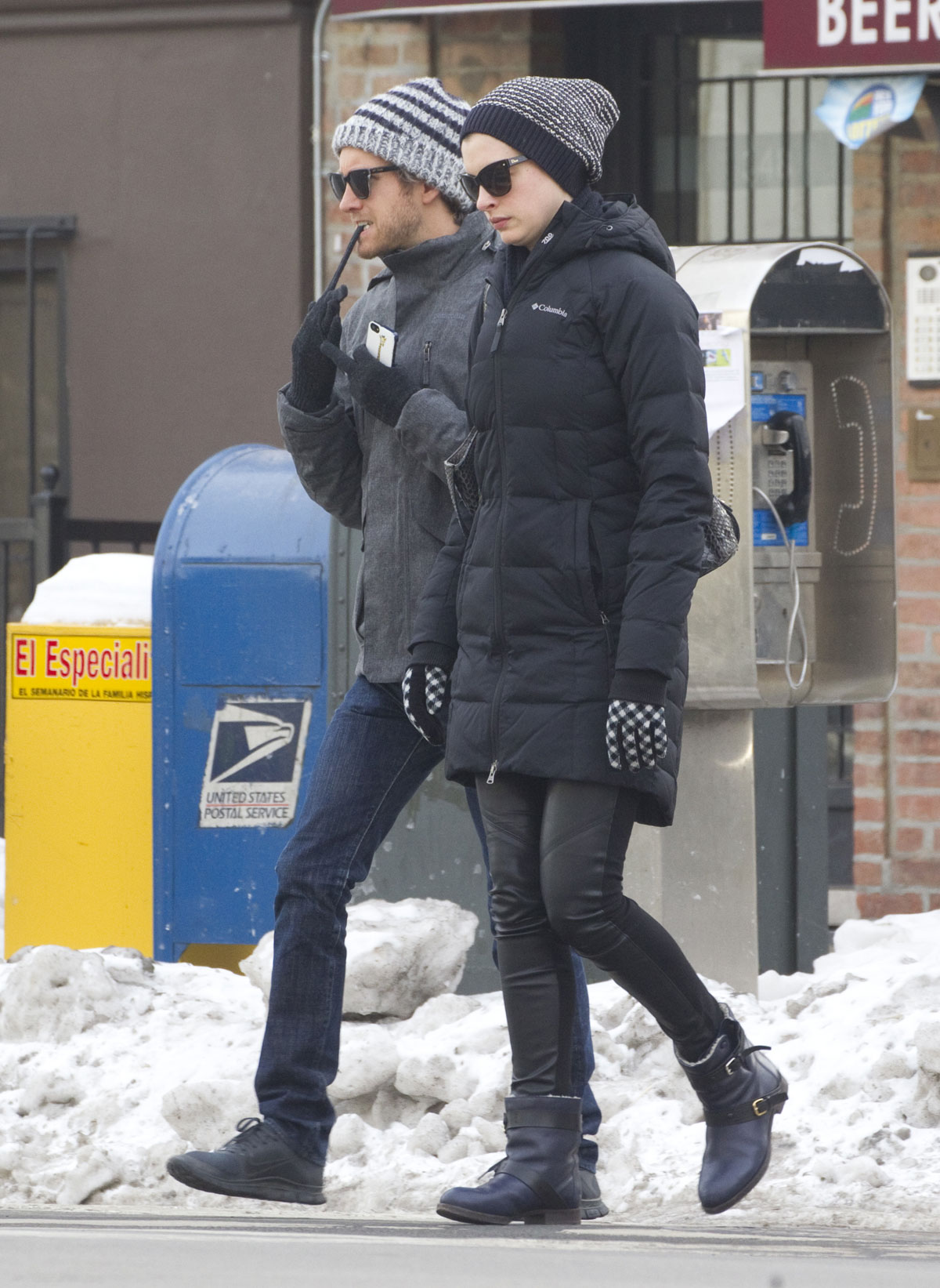 Anne Hathaway wraps up for brunch and shopping in Brooklyn