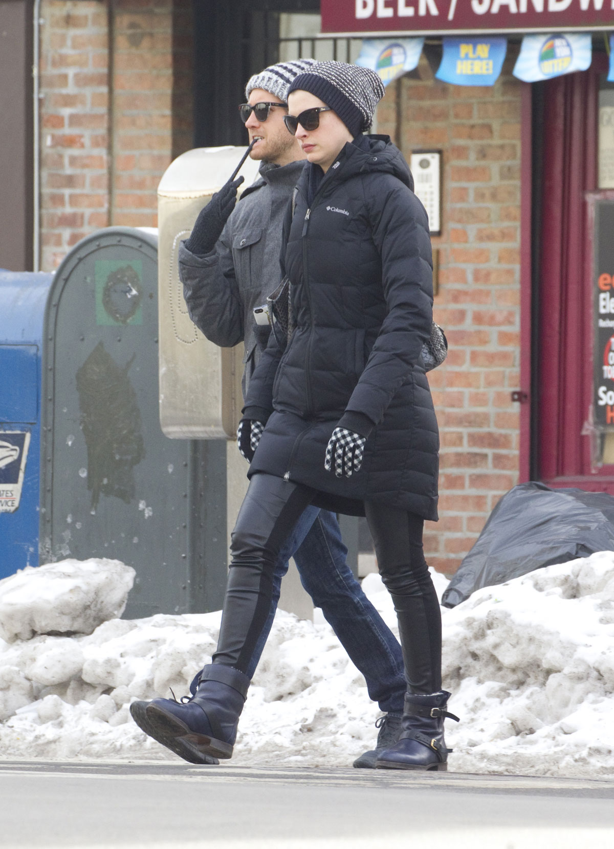 Anne Hathaway wraps up for brunch and shopping in Brooklyn