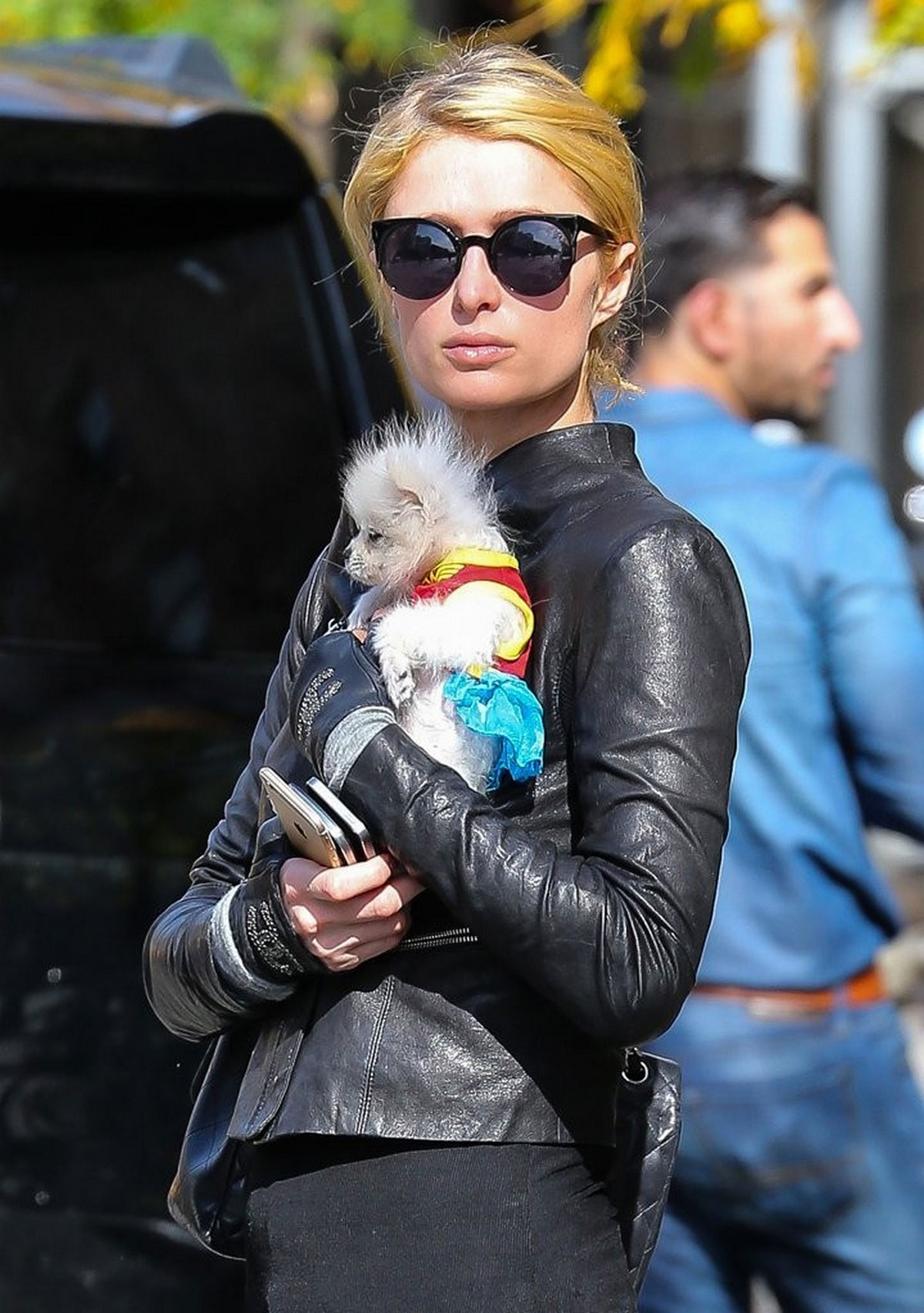 Paris Hilton seen with her dog waiting for a cab
