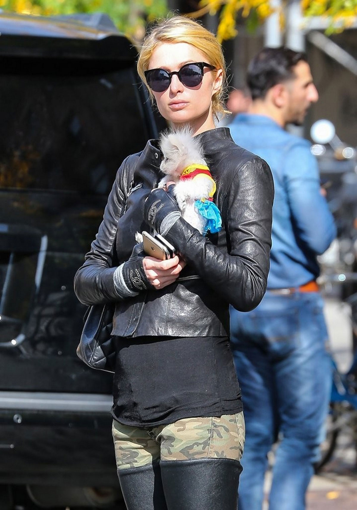 Paris Hilton seen with her dog waiting for a cab