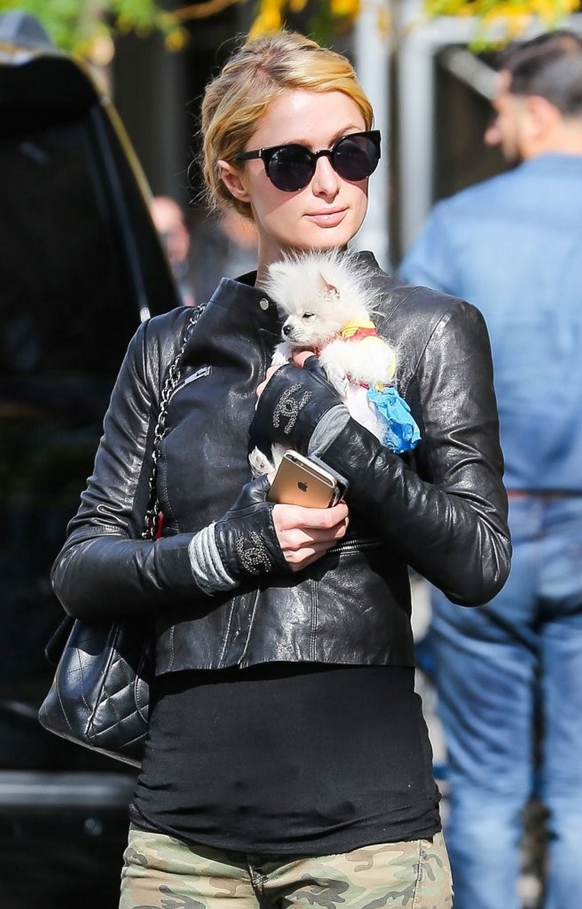 Paris Hilton seen with her dog waiting for a cab