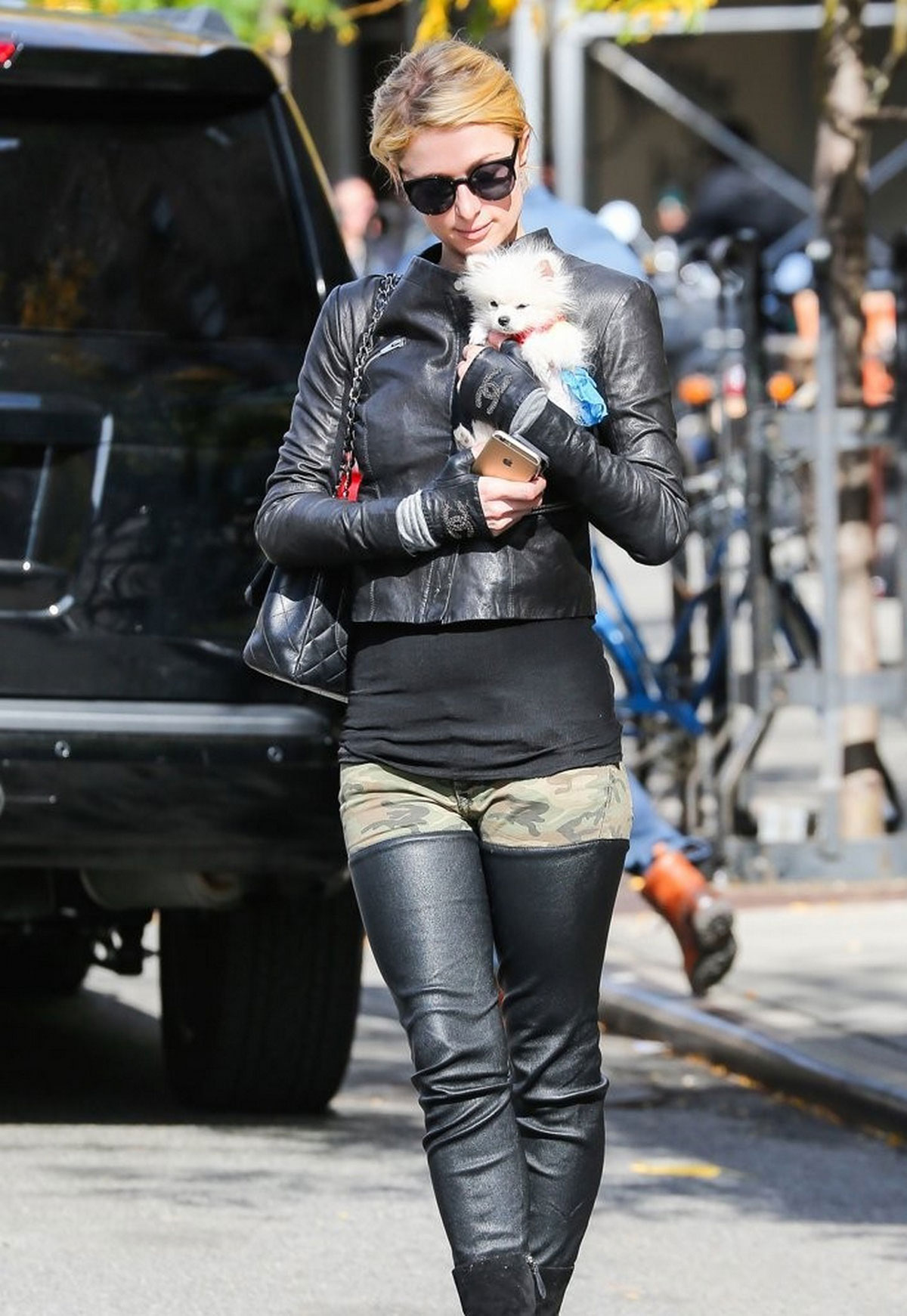 Paris Hilton seen with her dog waiting for a cab