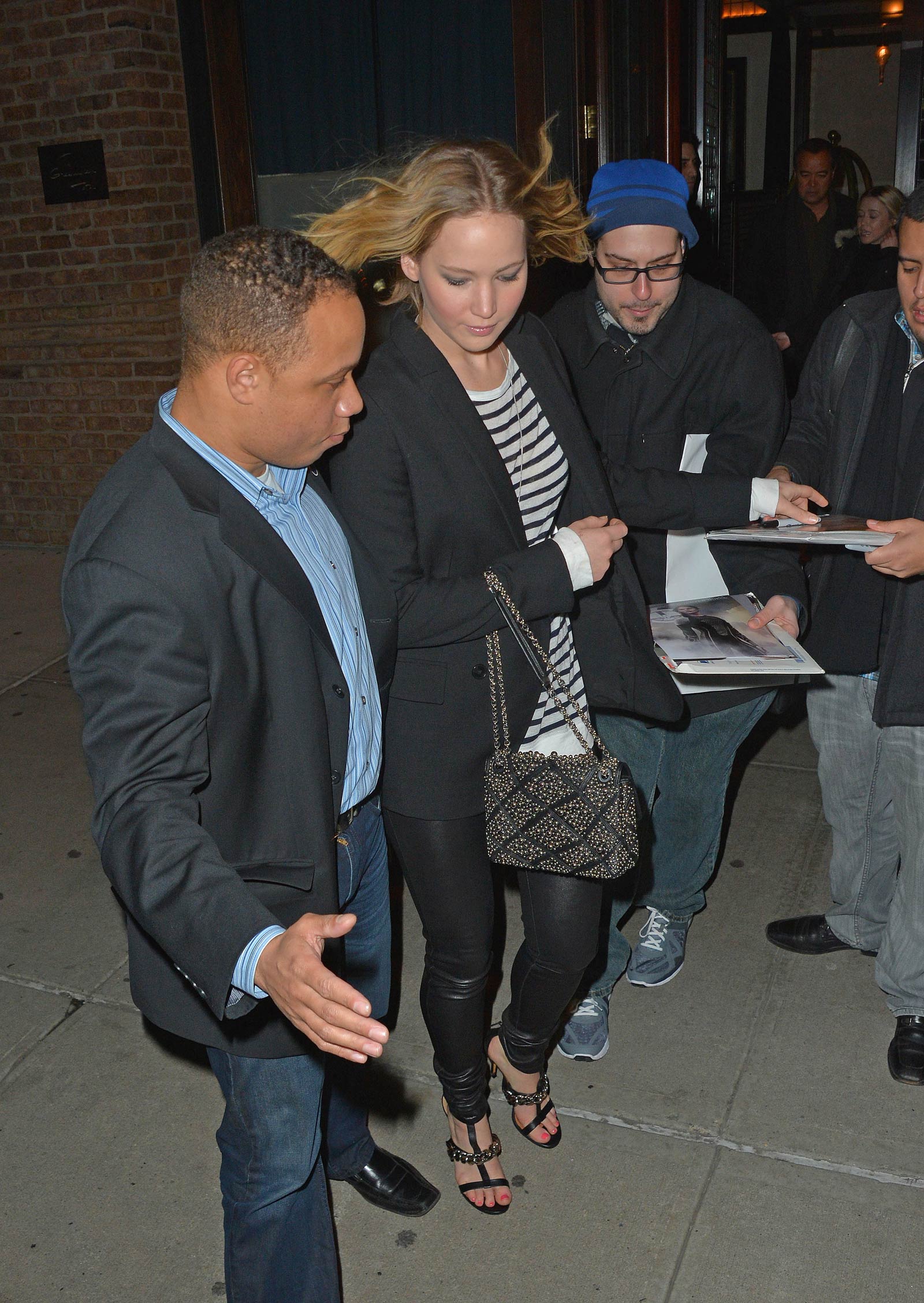 Jennifer Lawrence walking outside of the Greenwich Hotel