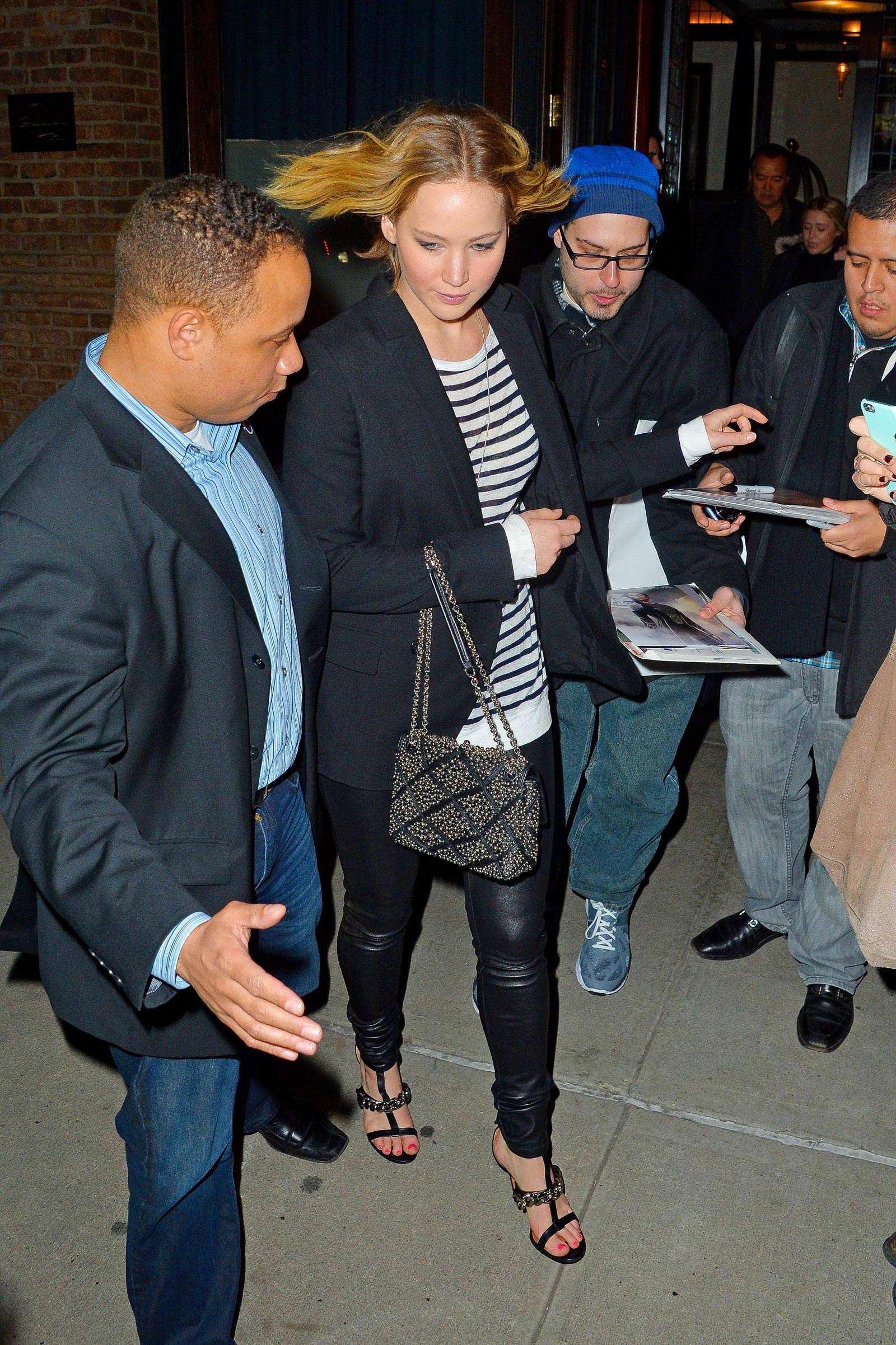 Jennifer Lawrence walking outside of the Greenwich Hotel