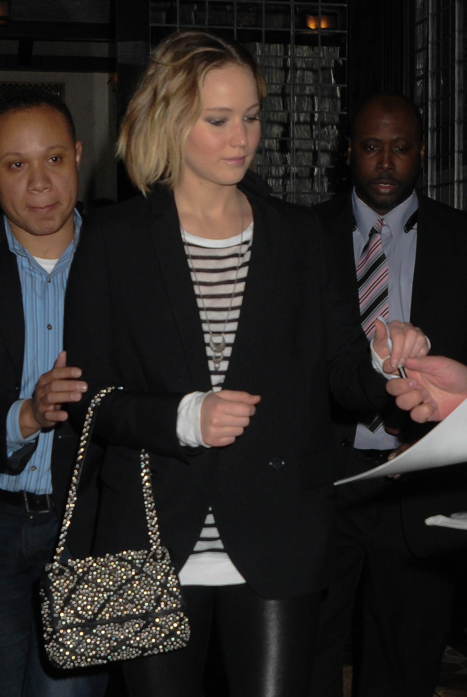 Jennifer Lawrence walking outside of the Greenwich Hotel