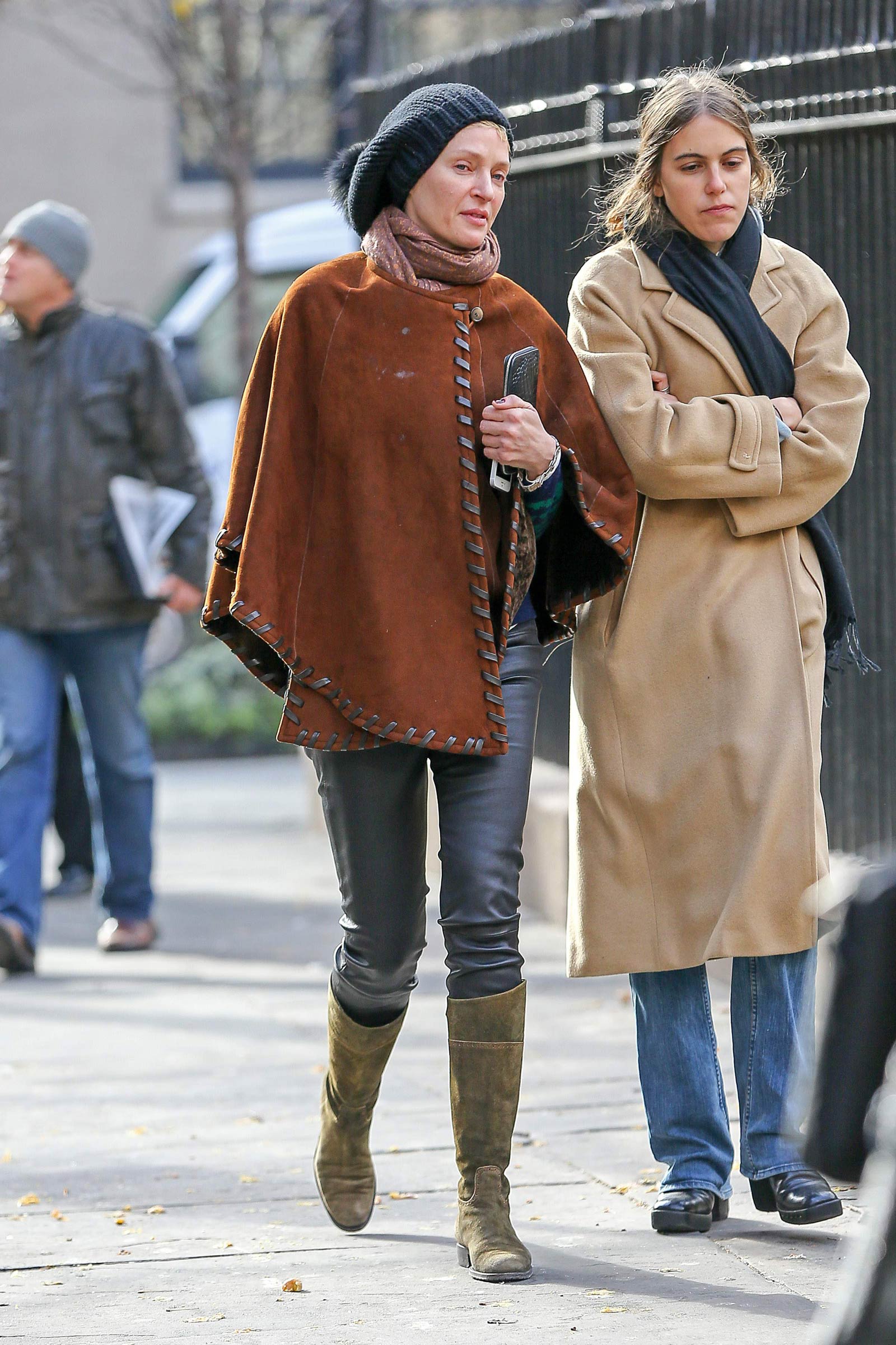 Uma Thurman walking around in New York City