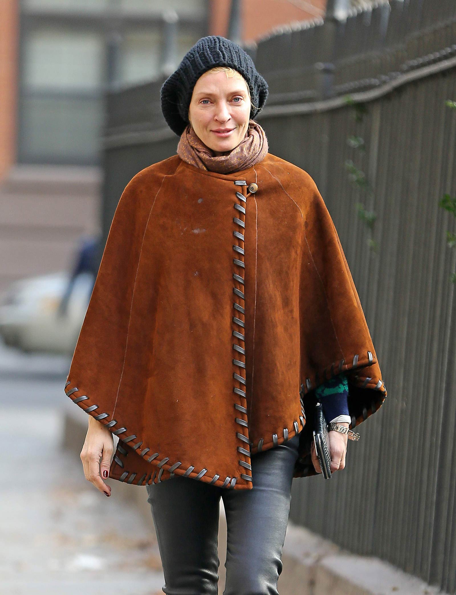 Uma Thurman walking around in New York City