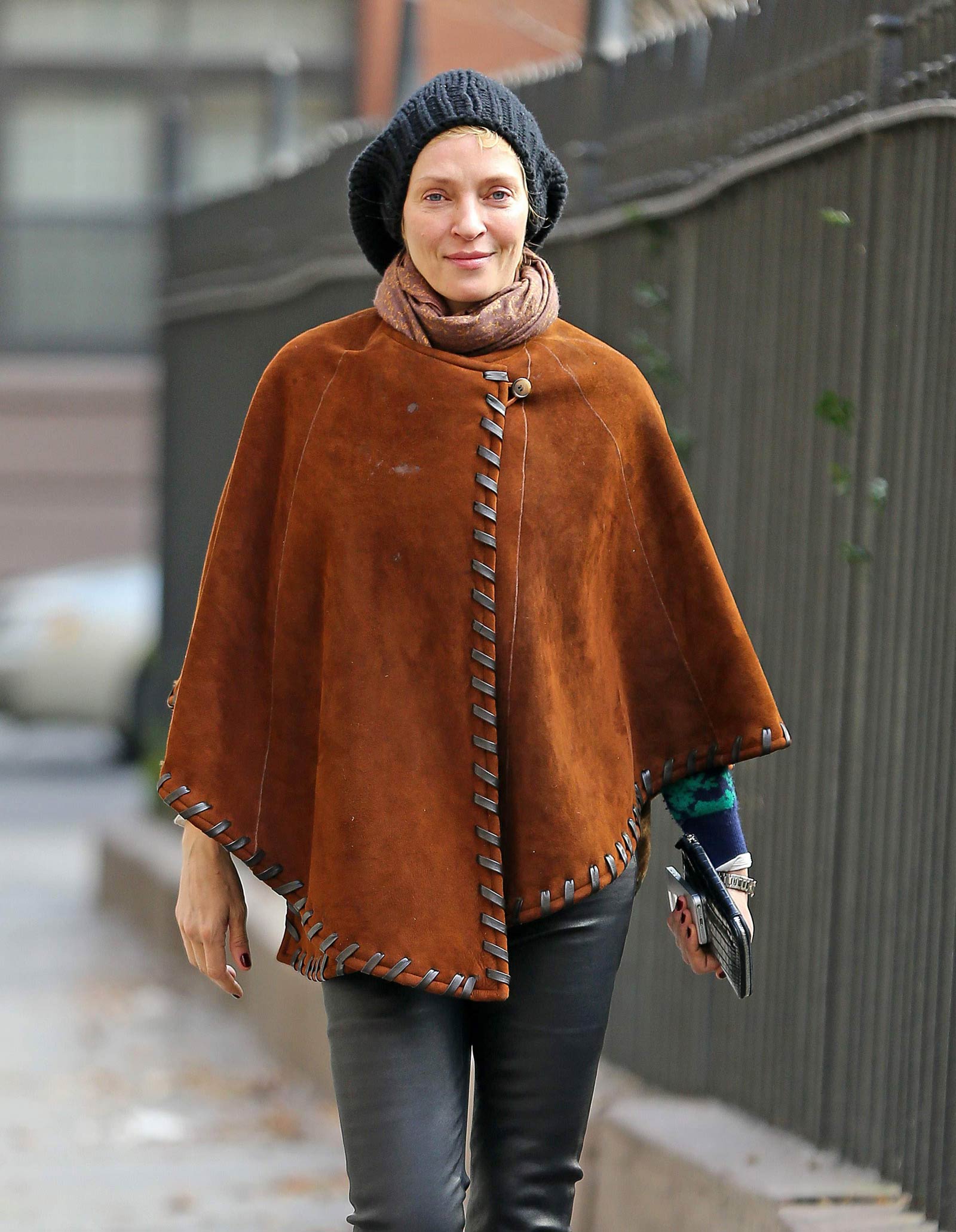 Uma Thurman walking around in New York City