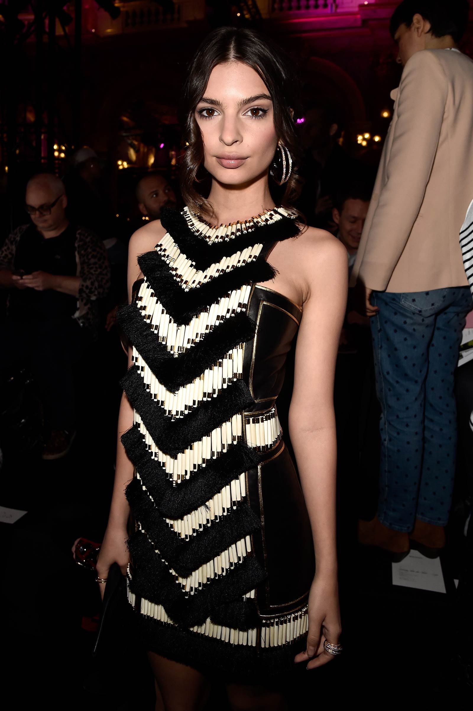 Emily Ratajkowski attends Balmain show during Paris Fashion Week