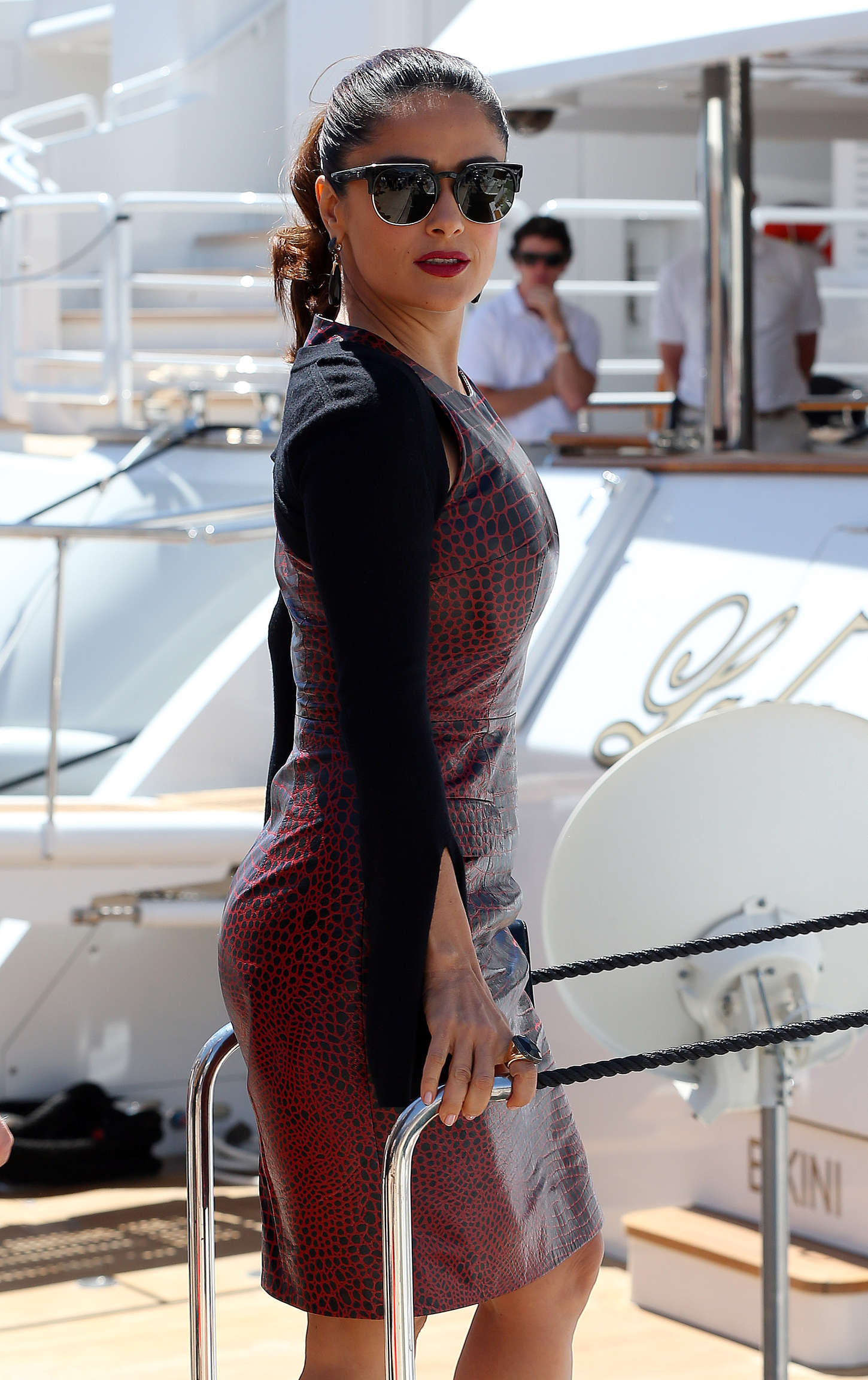 Salma Hayek arriving for a boat party in Cannes Harbour