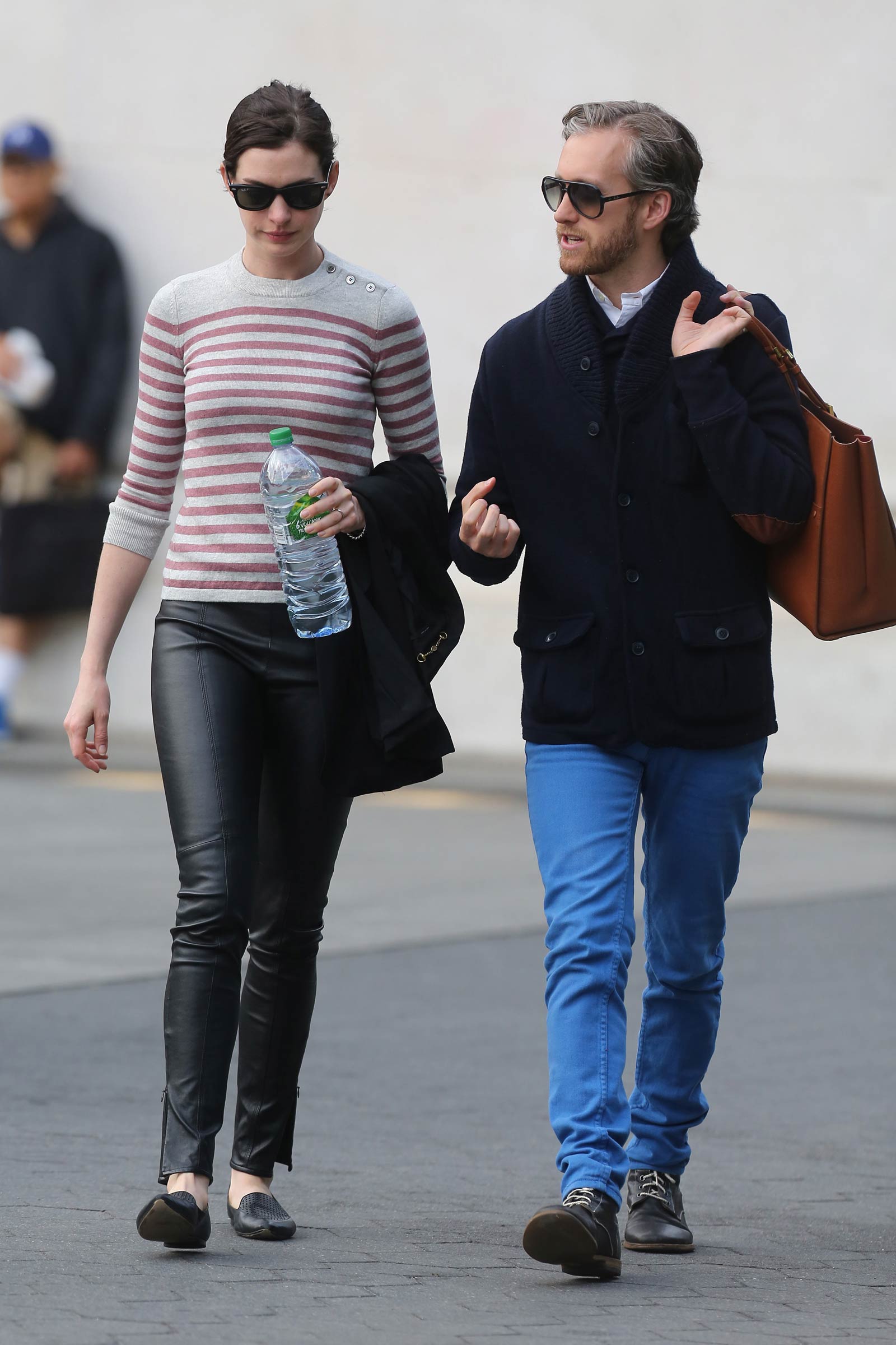 Anne Hathaway walking to the Public Theatre