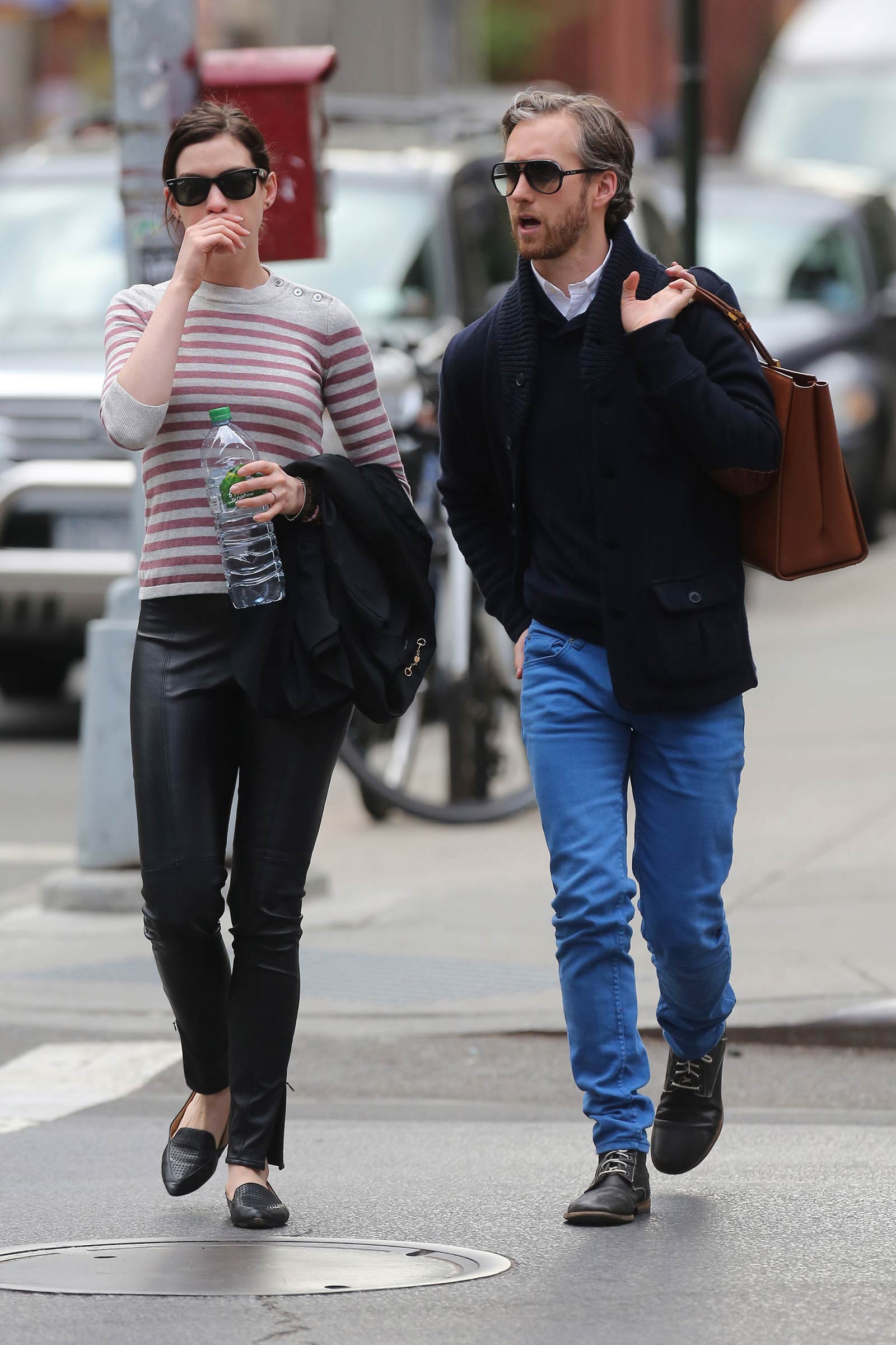 Anne Hathaway walking to the Public Theatre