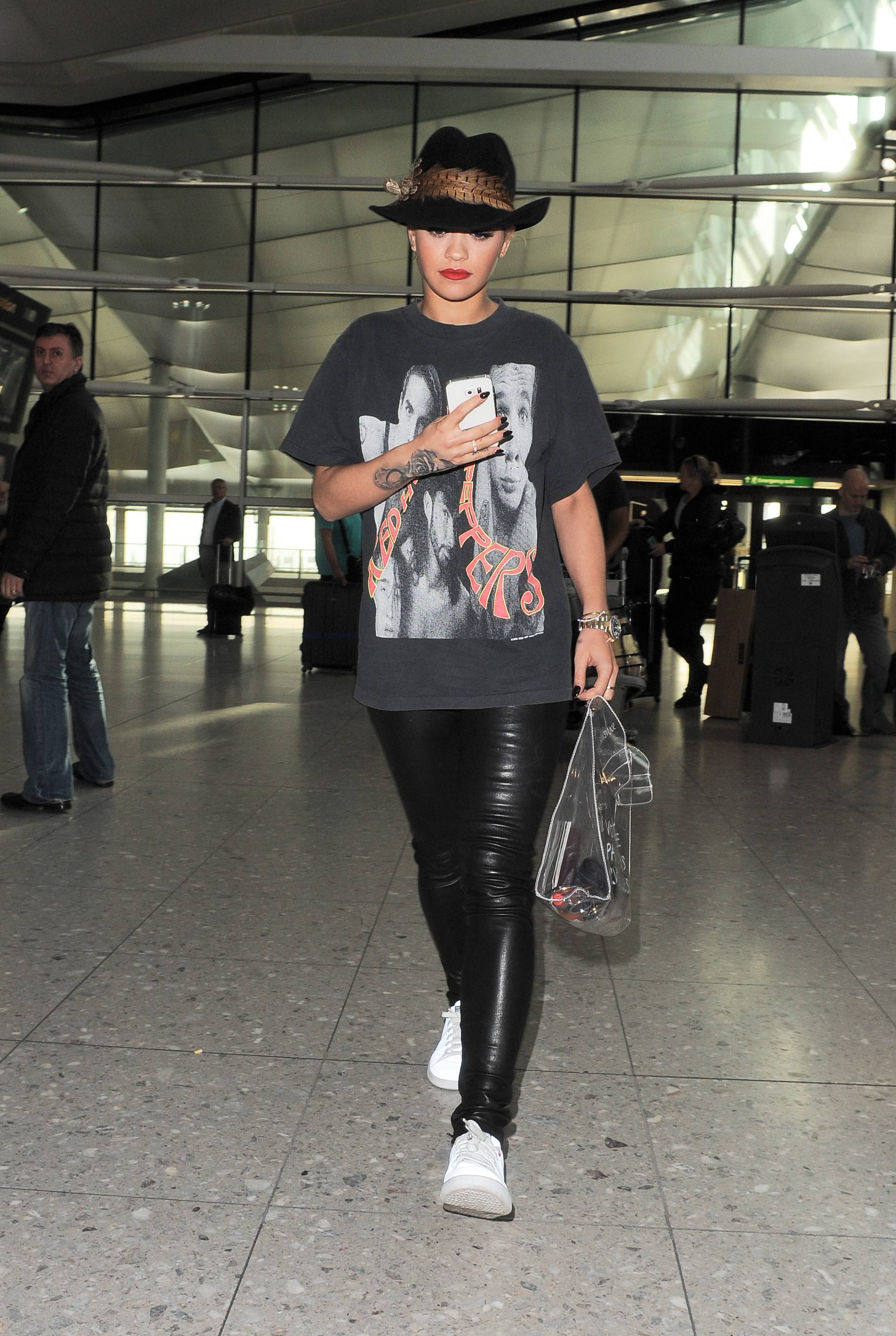 Rita Ora arriving at Heathrow airport