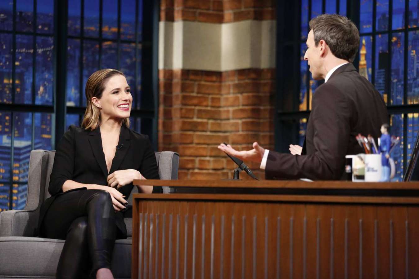 Sophia Bush during an interview with host Seth Meyers