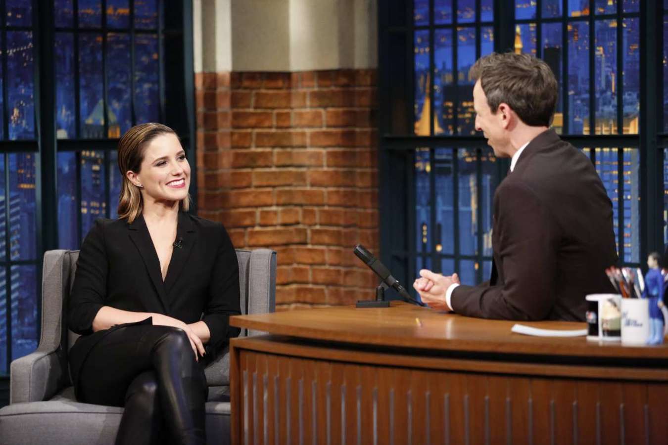 Sophia Bush during an interview with host Seth Meyers