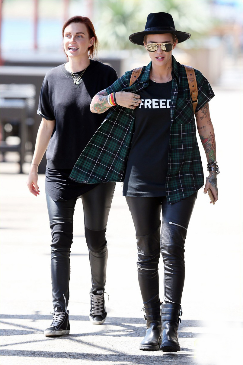 Ruby Rose and her fiancee Phoebe Dahl hold hands