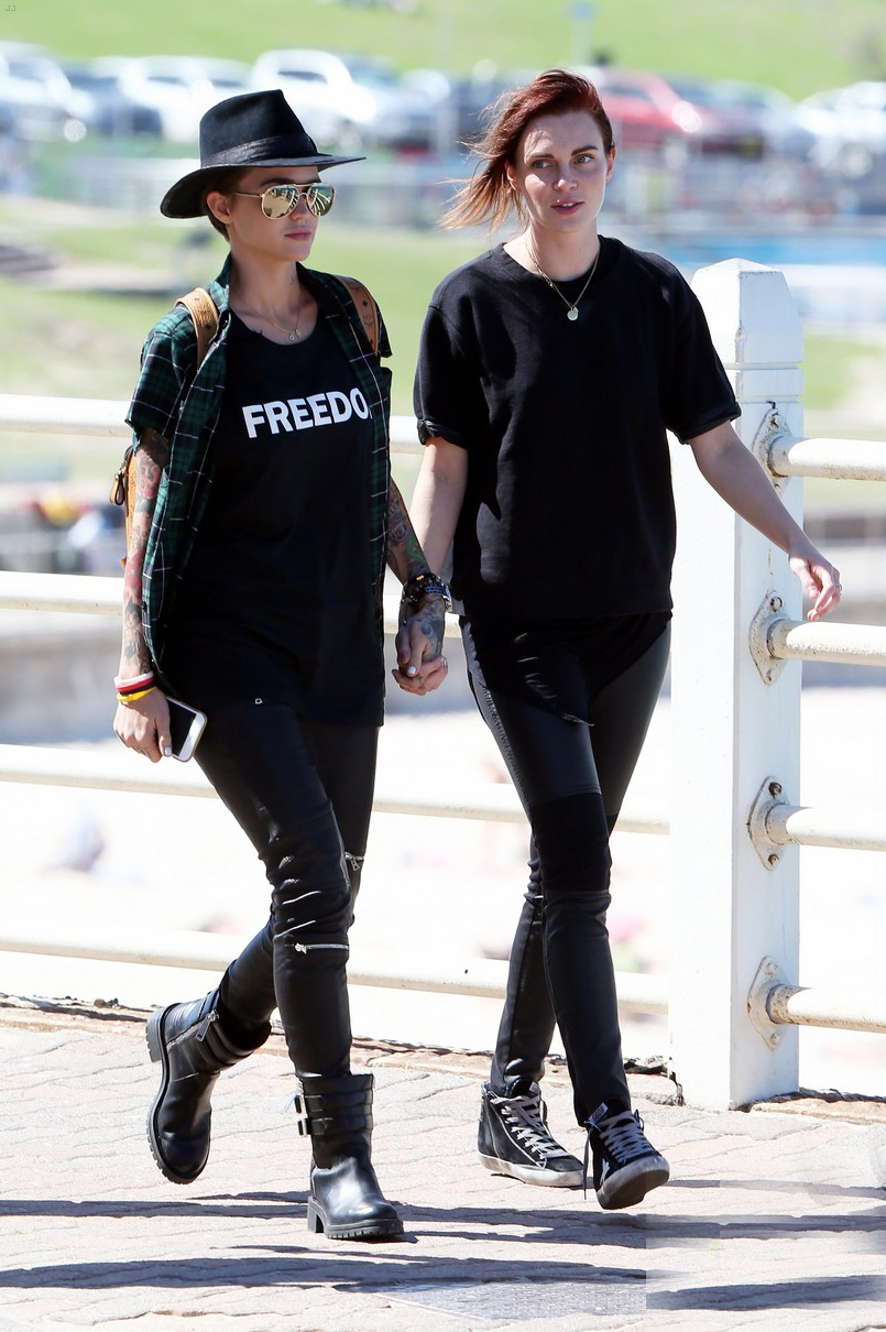 Ruby Rose and her fiancee Phoebe Dahl hold hands