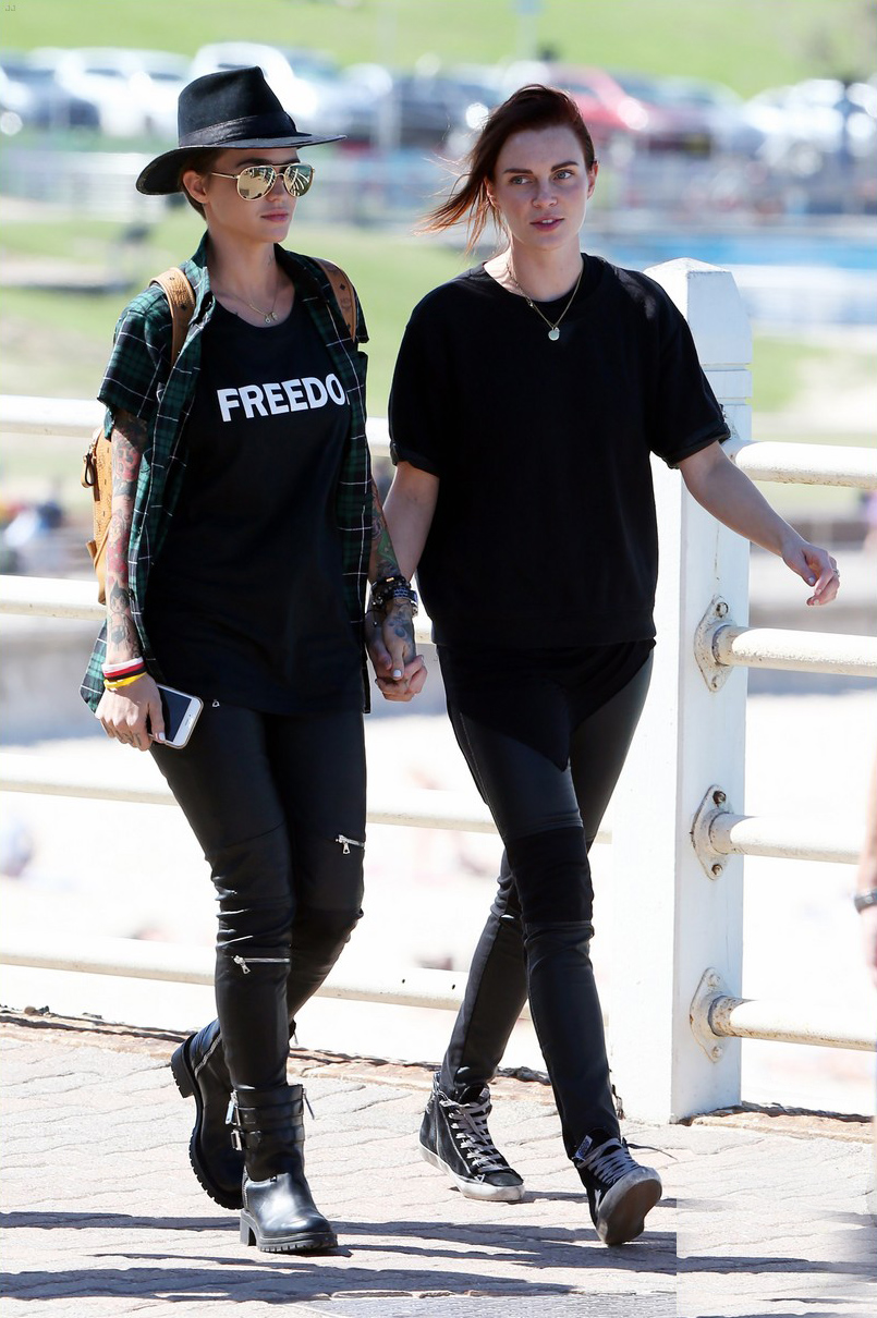 Ruby Rose and her fiancee Phoebe Dahl hold hands