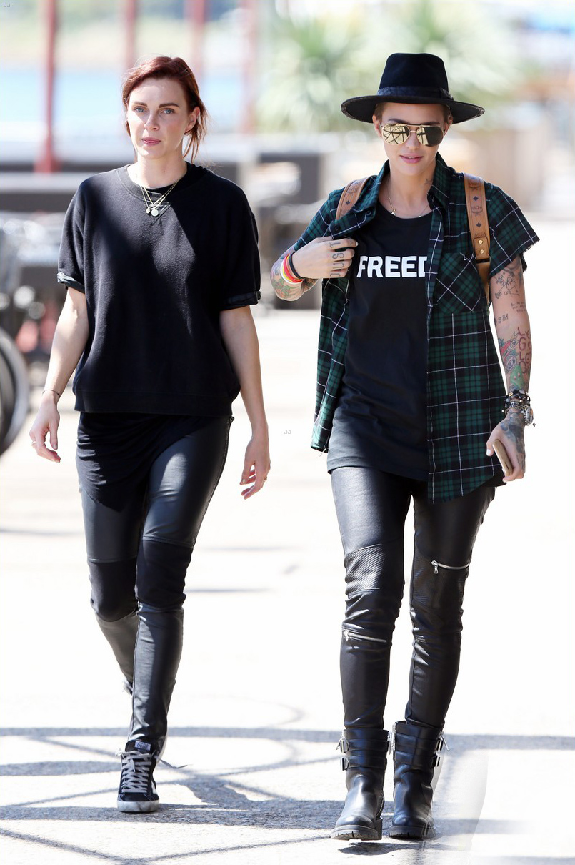 Ruby Rose and her fiancee Phoebe Dahl hold hands