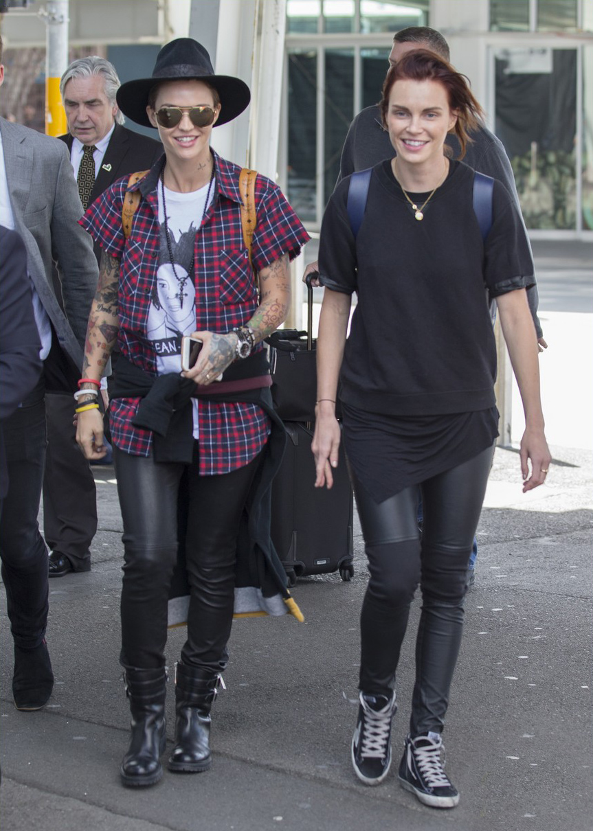 Ruby Rose and her fiancee Phoebe Dahl hold hands