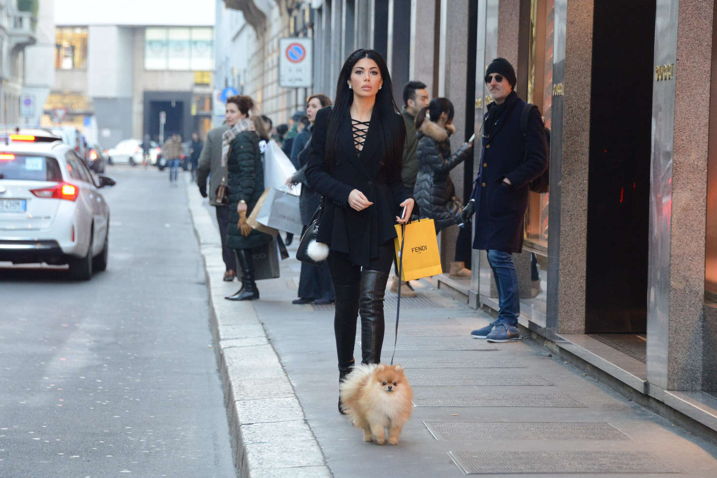 Alessandra Sorcinelli walking her dog