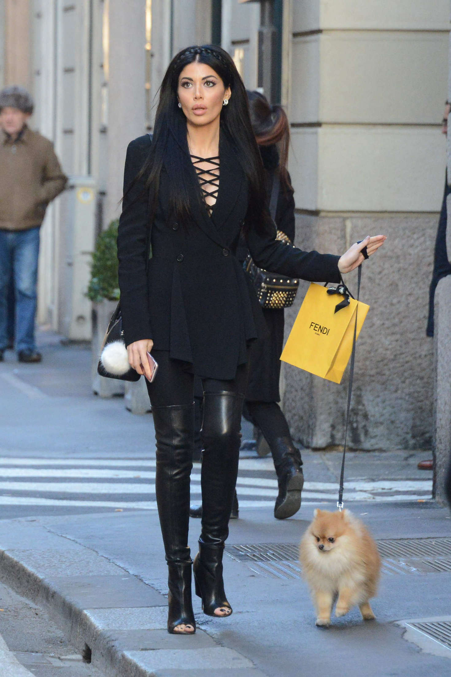 Alessandra Sorcinelli walking her dog