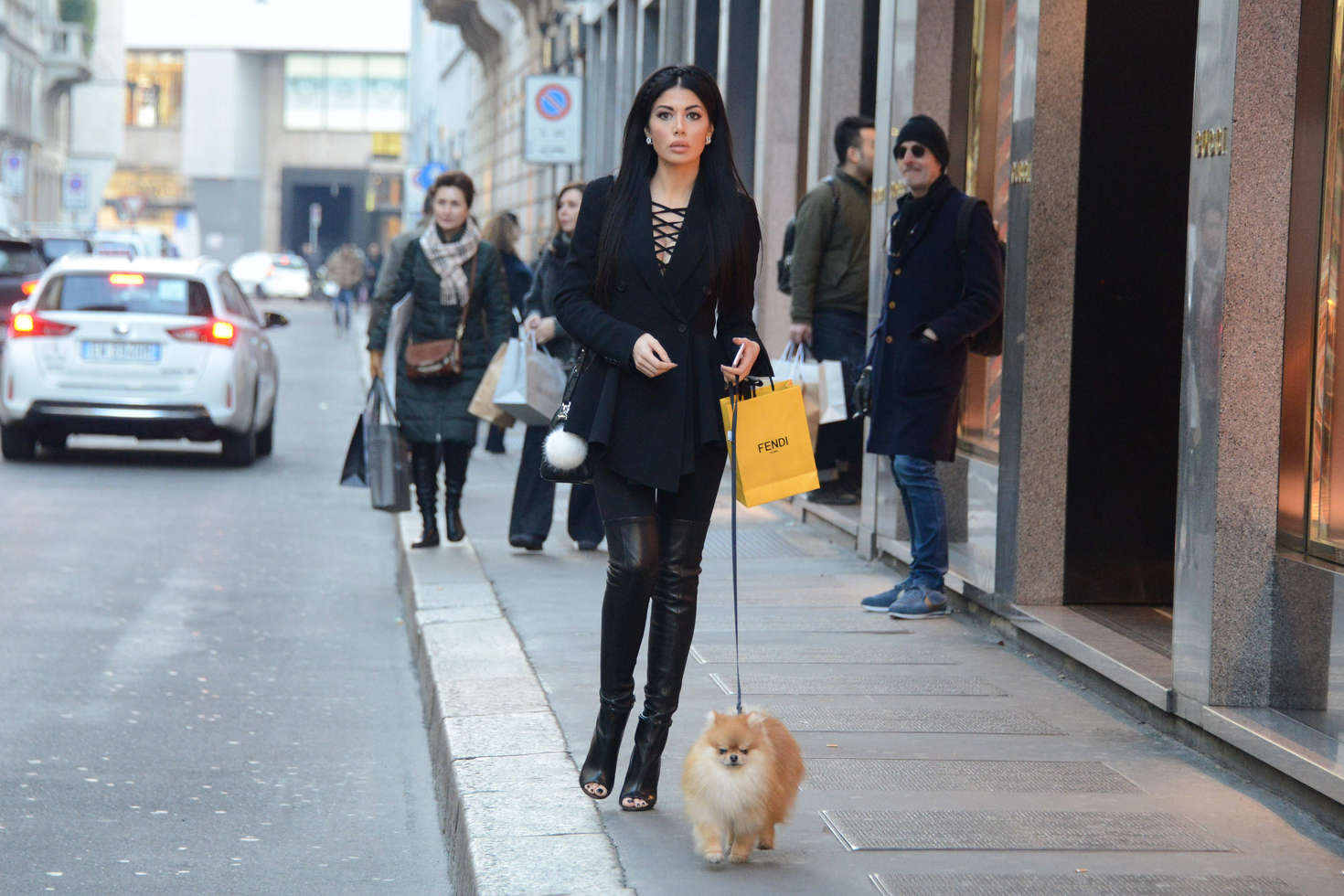 Alessandra Sorcinelli walking her dog