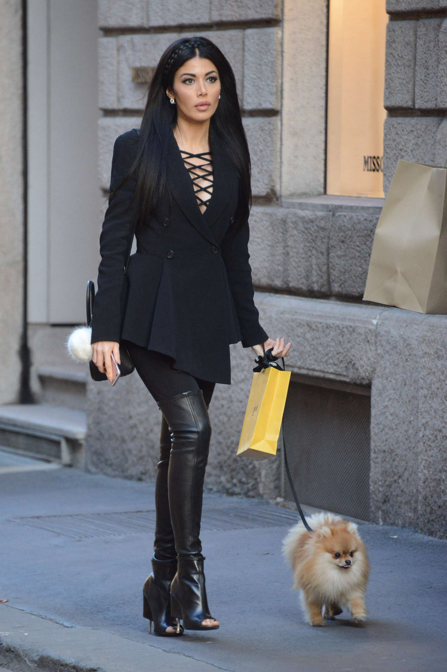 Alessandra Sorcinelli walking her dog