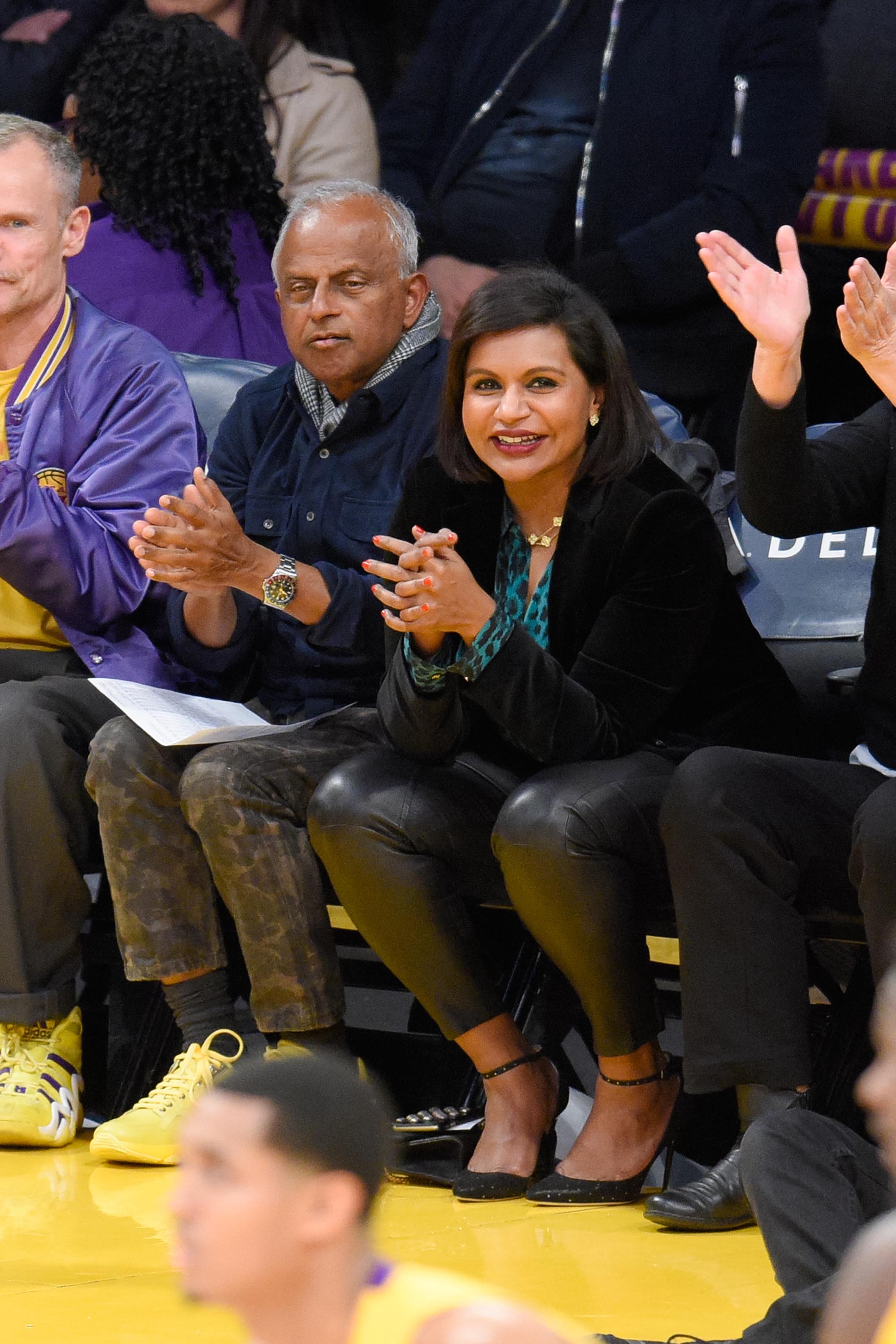 Mindy Kaling attends a basketball game between the Utah Jazz and the LA Lakers