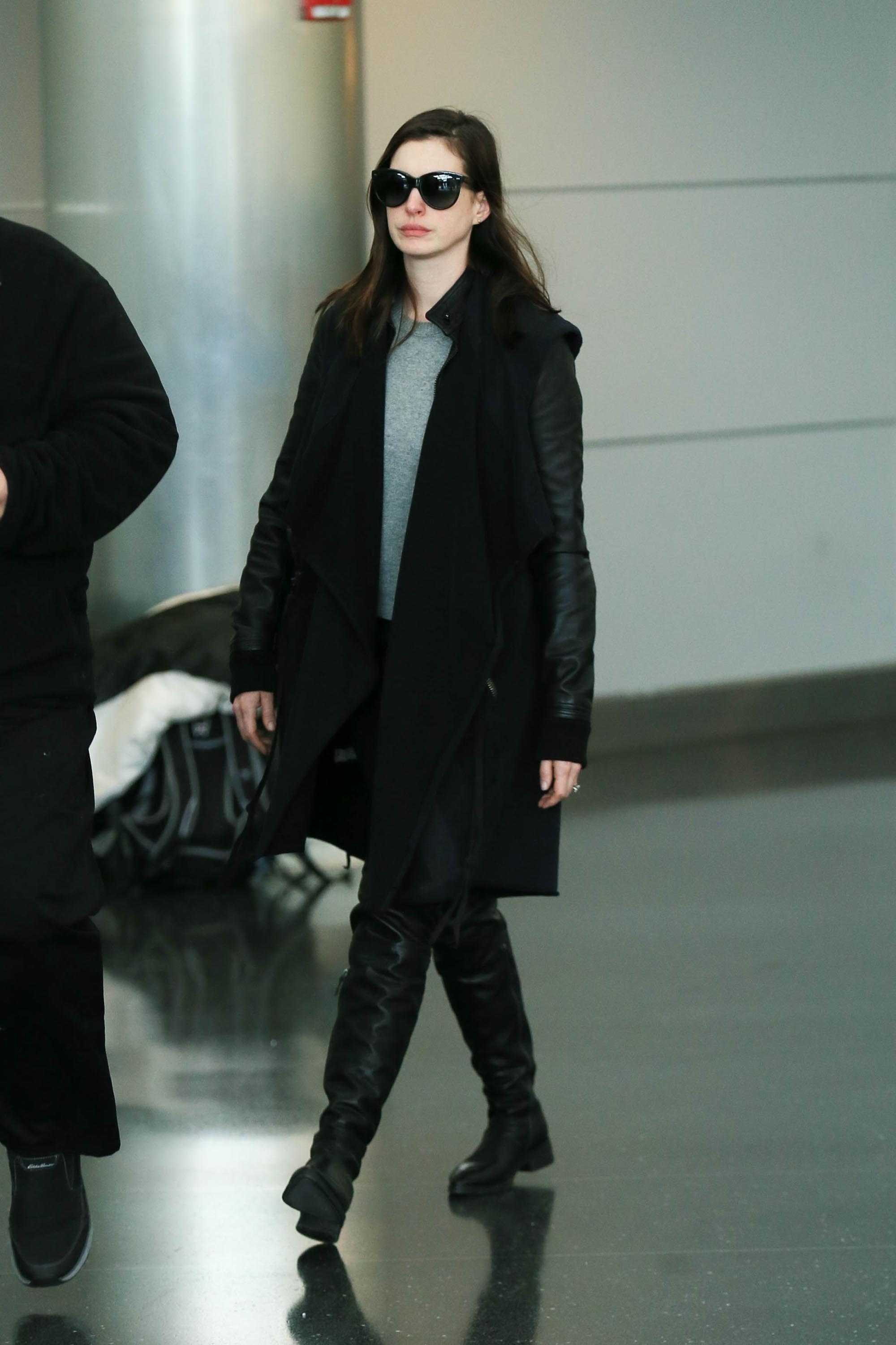 Anne Hathaway is seen at JFK