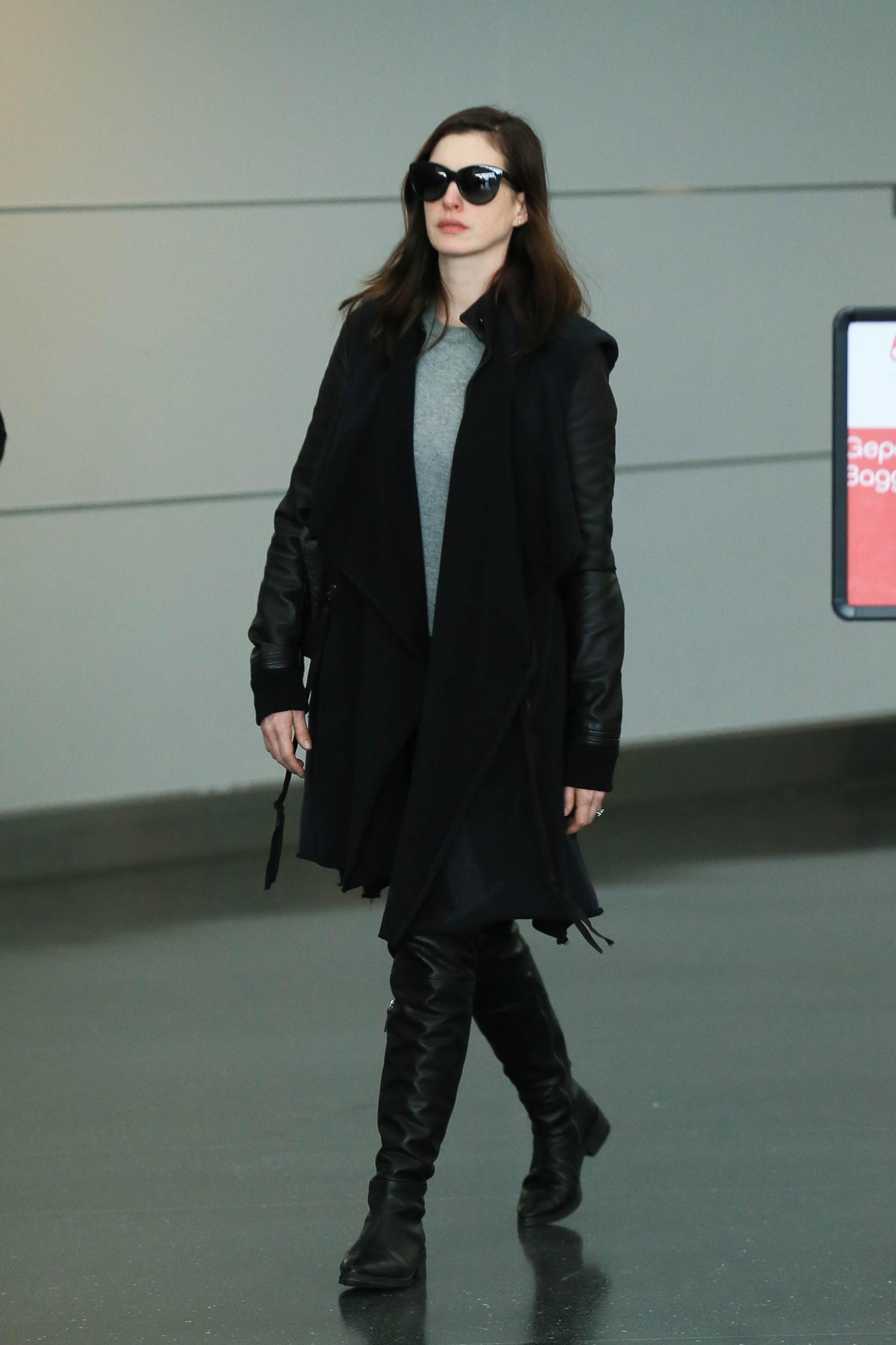 Anne Hathaway is seen at JFK