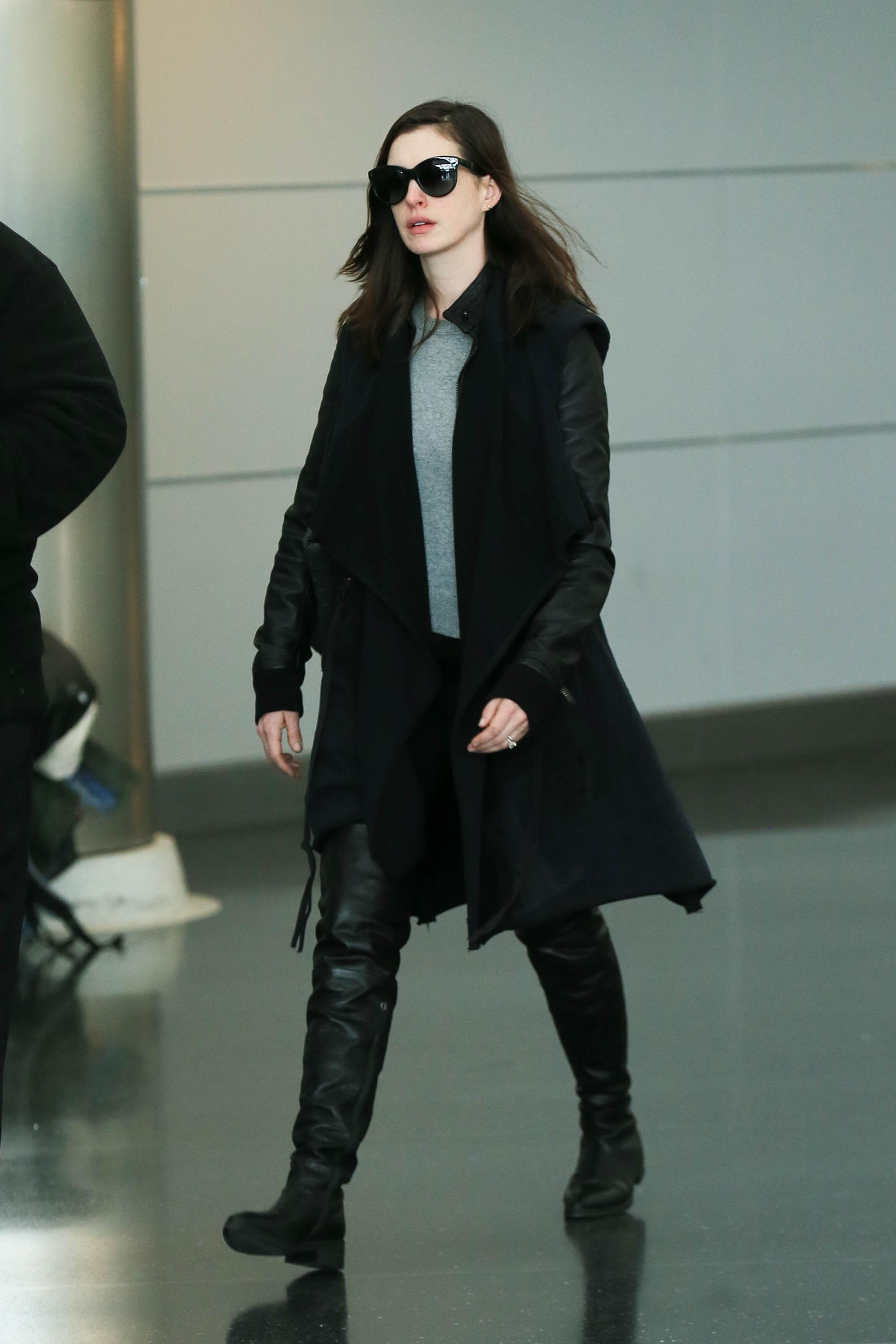 Anne Hathaway is seen at JFK