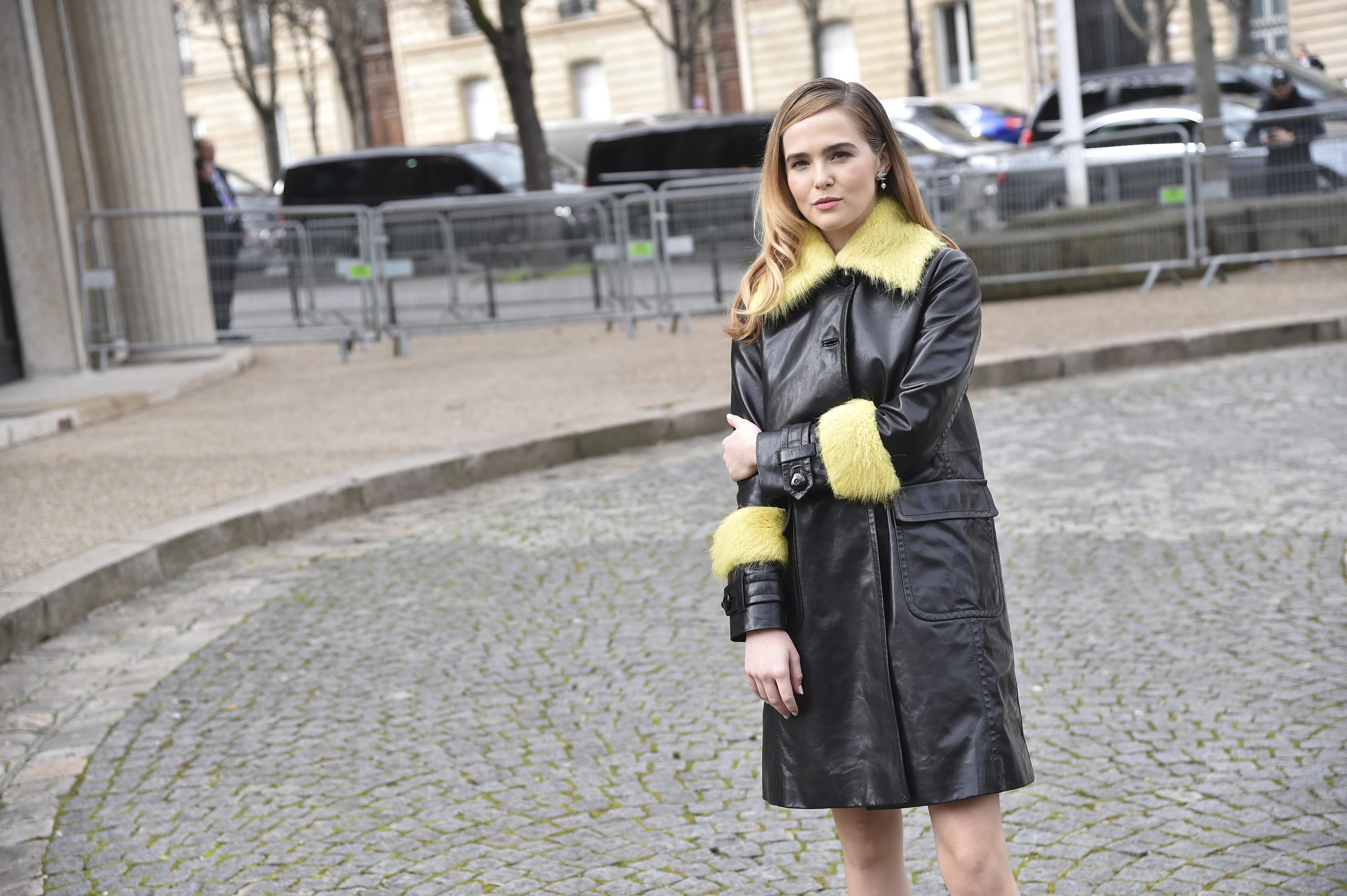 Zoey Deutch is seen arriving at Miu Miu fashion show