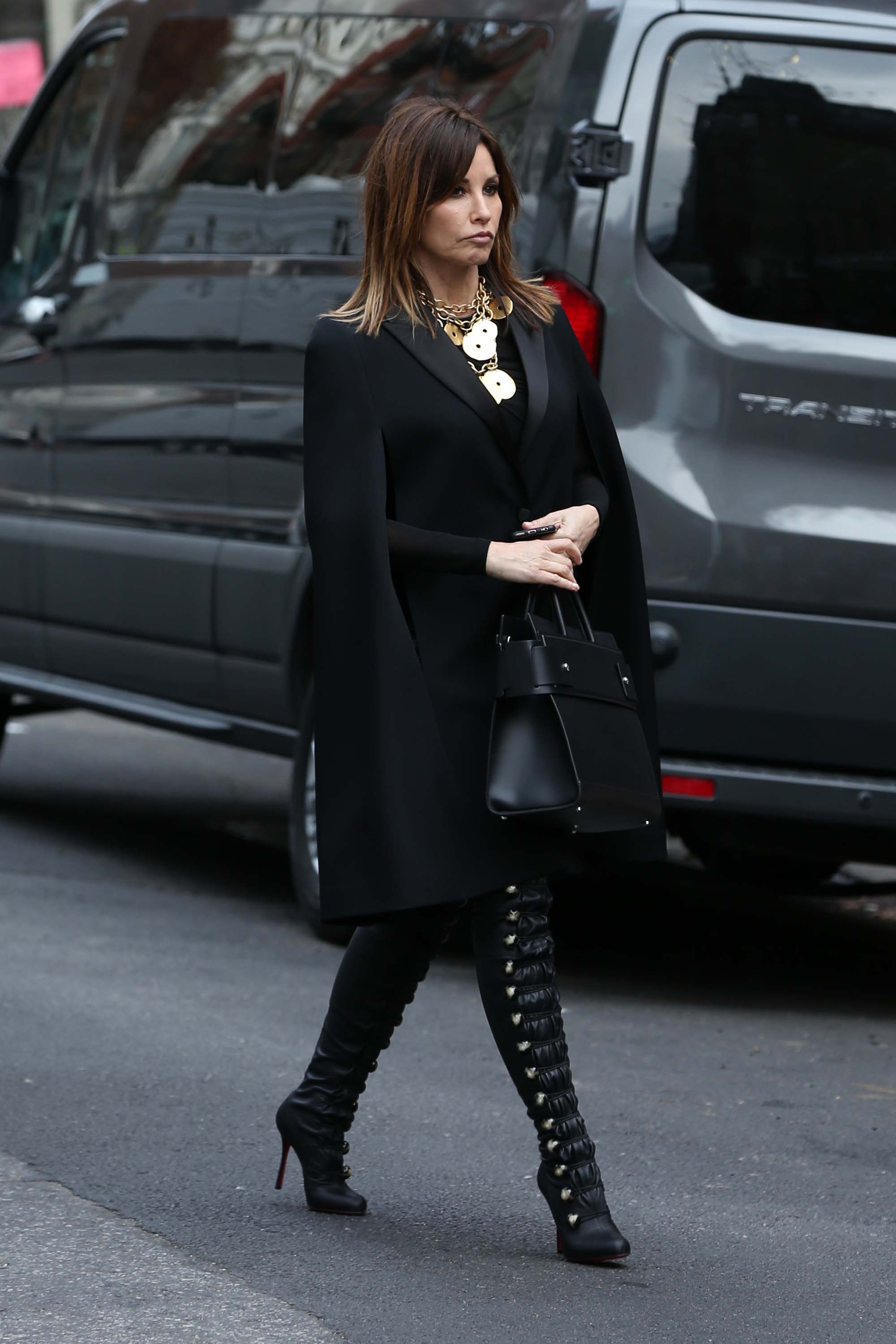 Gina Gershon arrives on set for E!‘s new pilot ‘Fashion Victim’