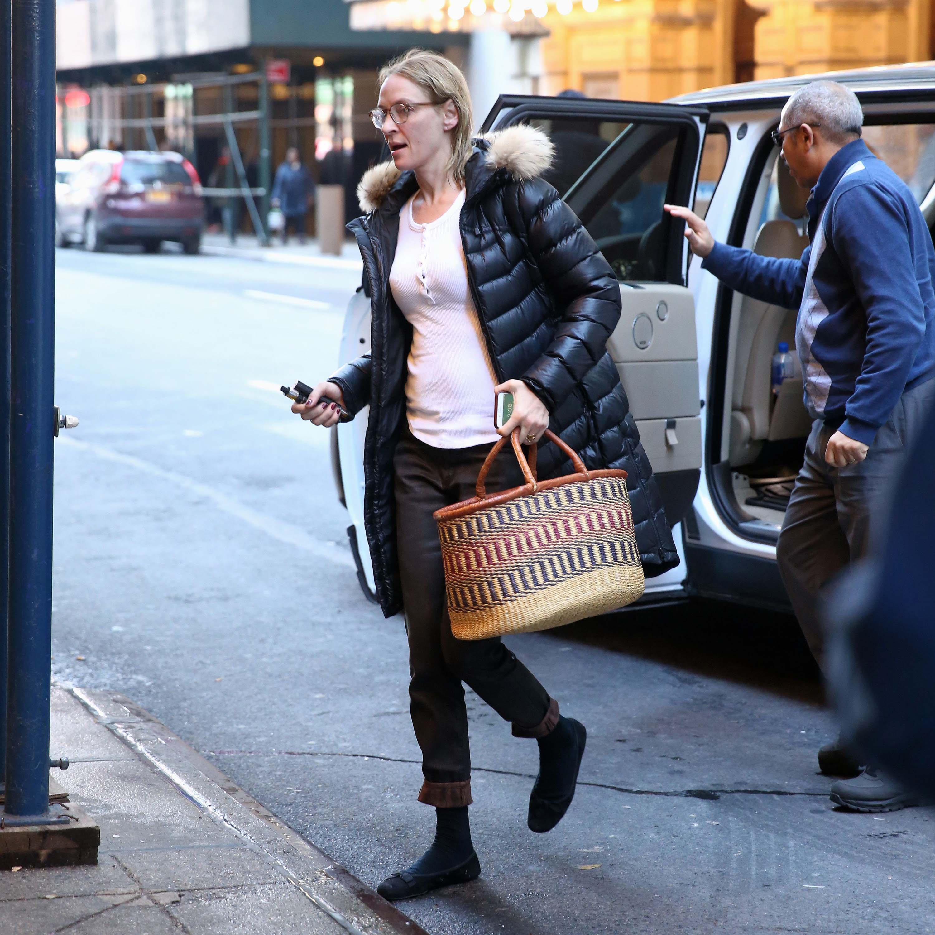 Uma Thurman arrives at the Hudson Theatre for her matinee performance