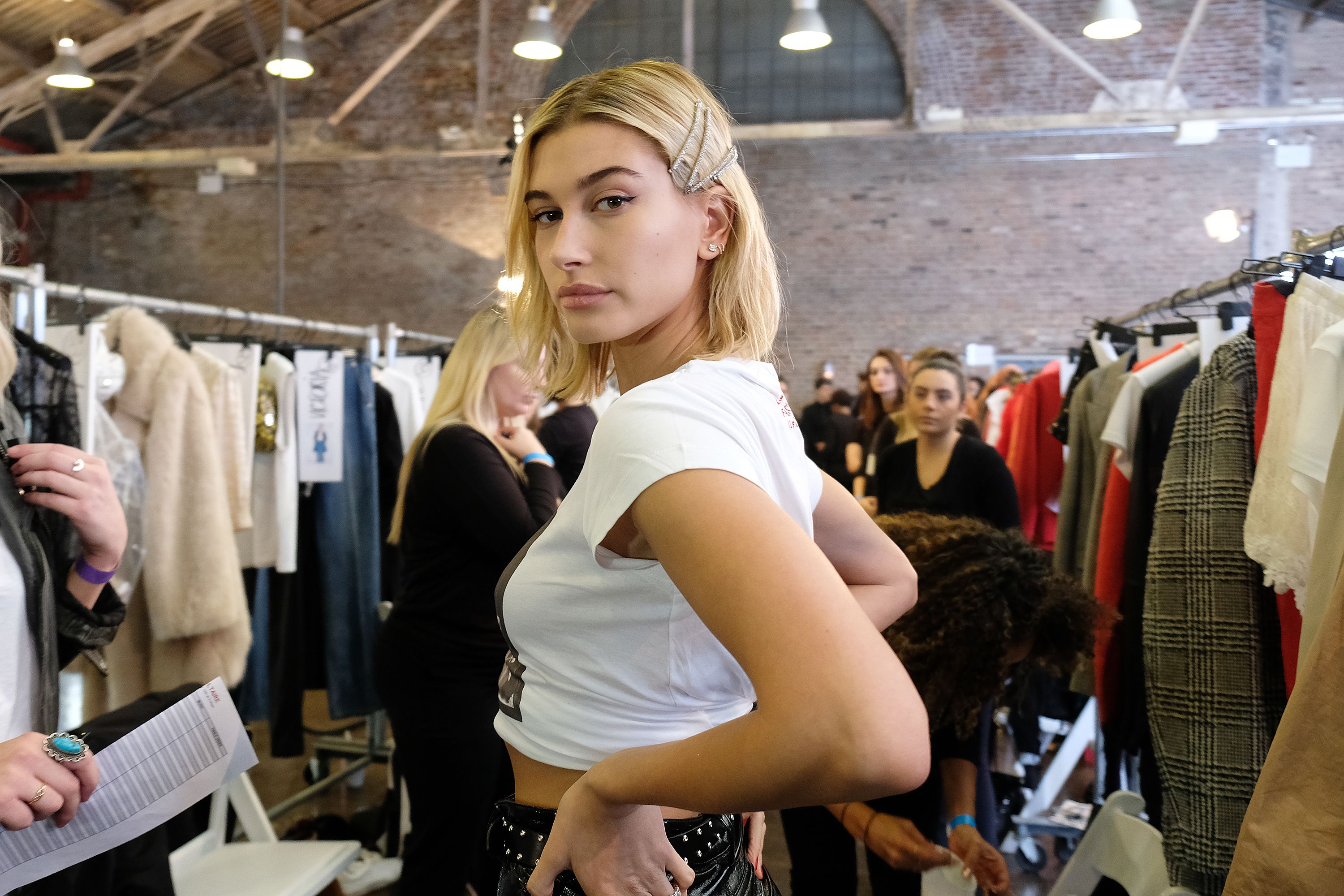 Hailey Baldwin backstage at the Zadig & Voltaire show