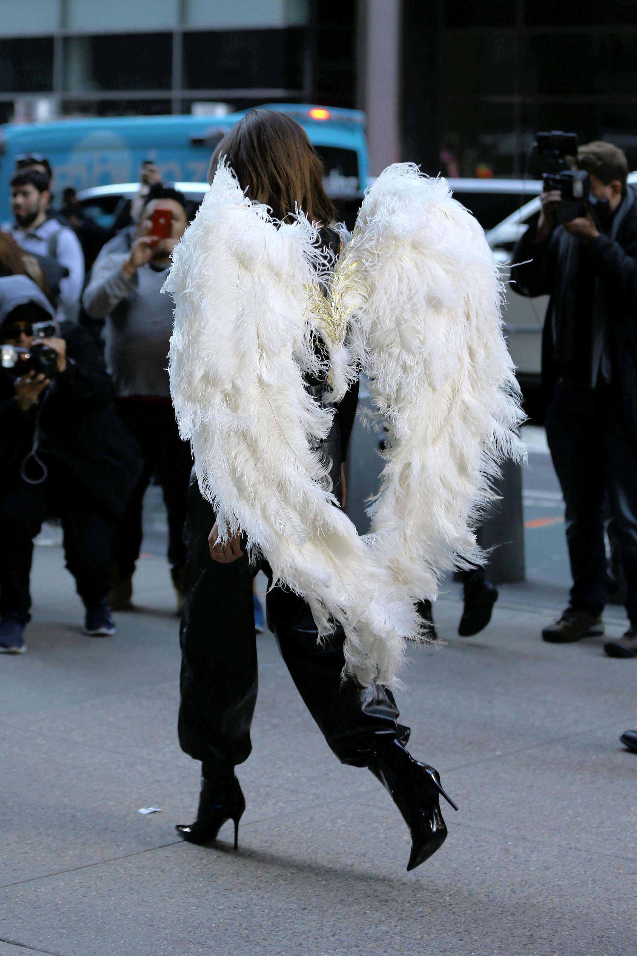 Taylor Hill films a small promo event in NYC showcasing her Angel Wings