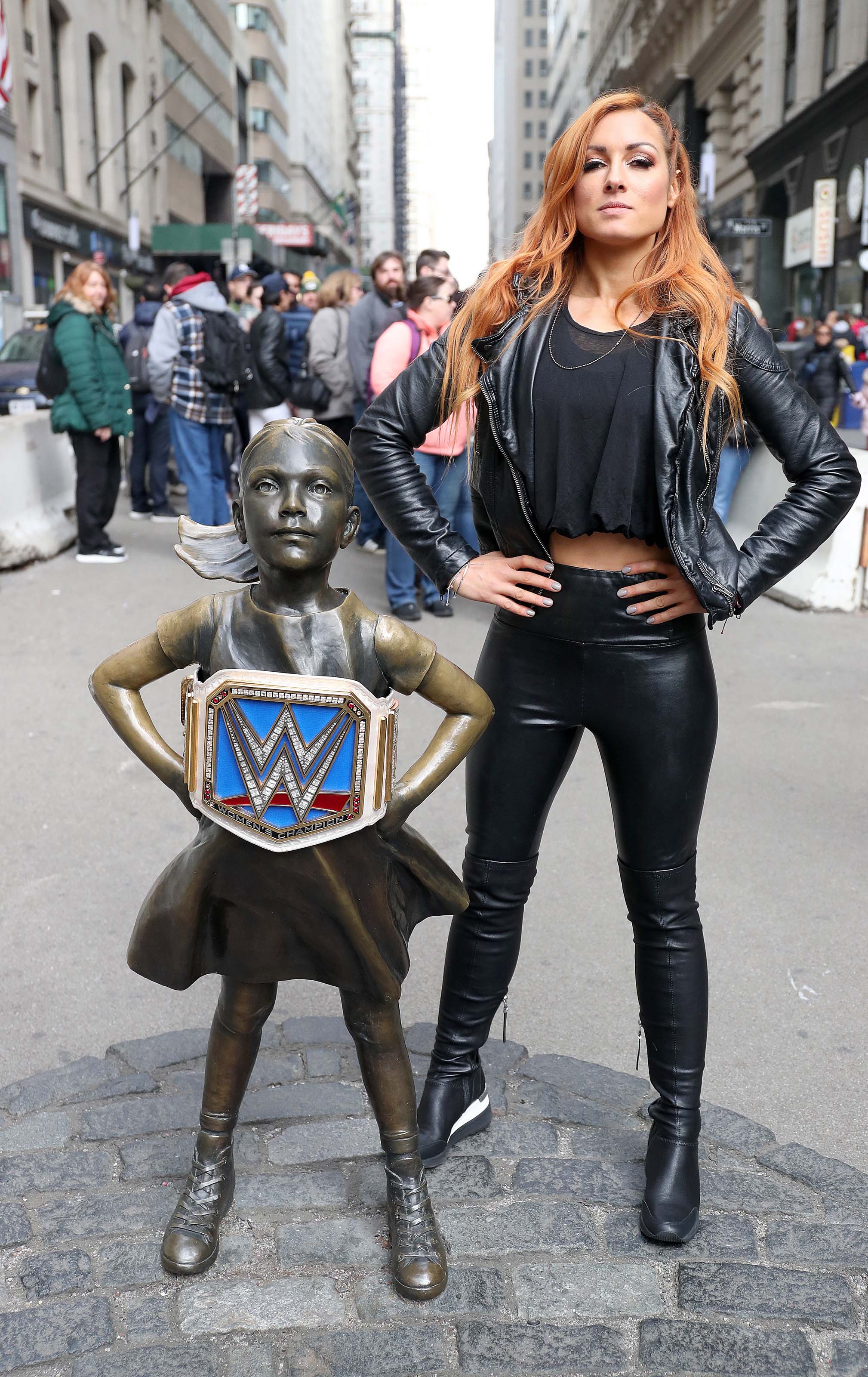 Becky Lynch at Fearless Girl statue in the Wall Street