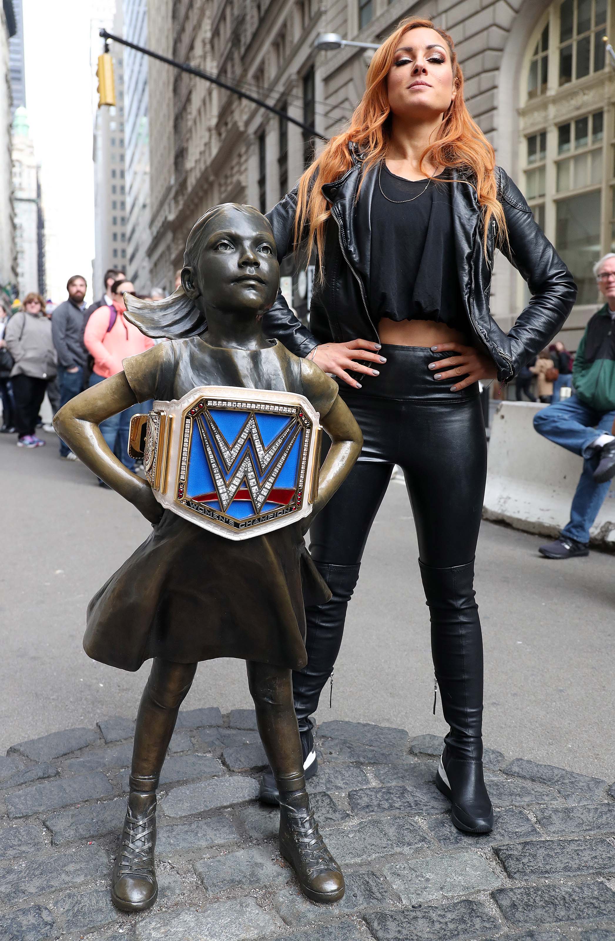 Becky Lynch at Fearless Girl statue in the Wall Street