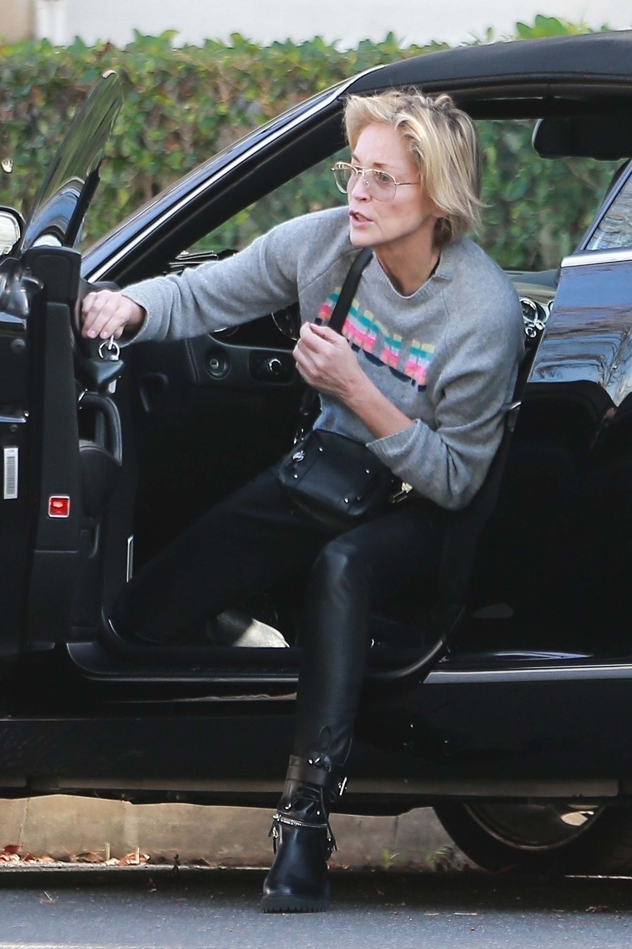 Sharon Stone heads to a friend’s house