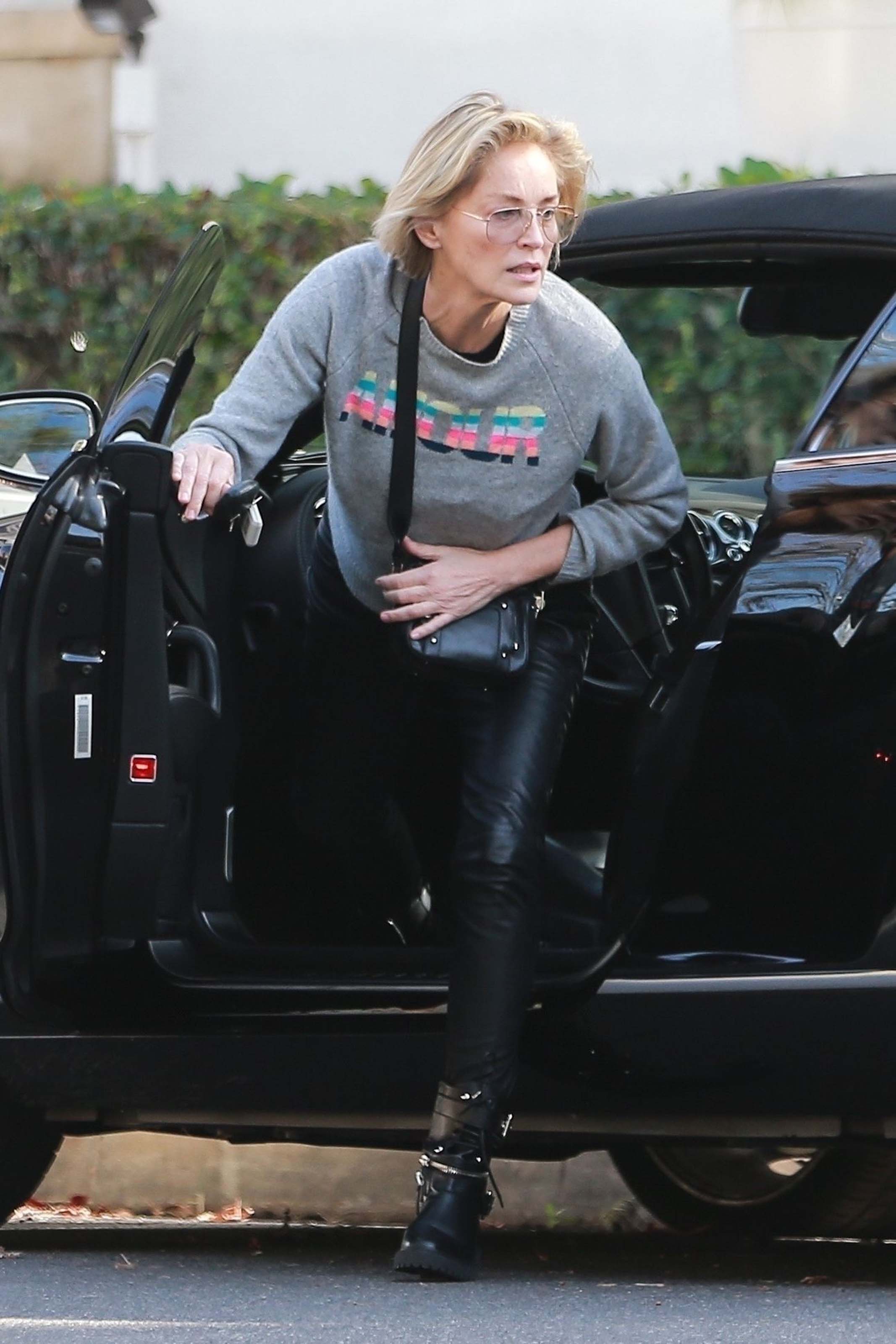 Sharon Stone heads to a friend’s house