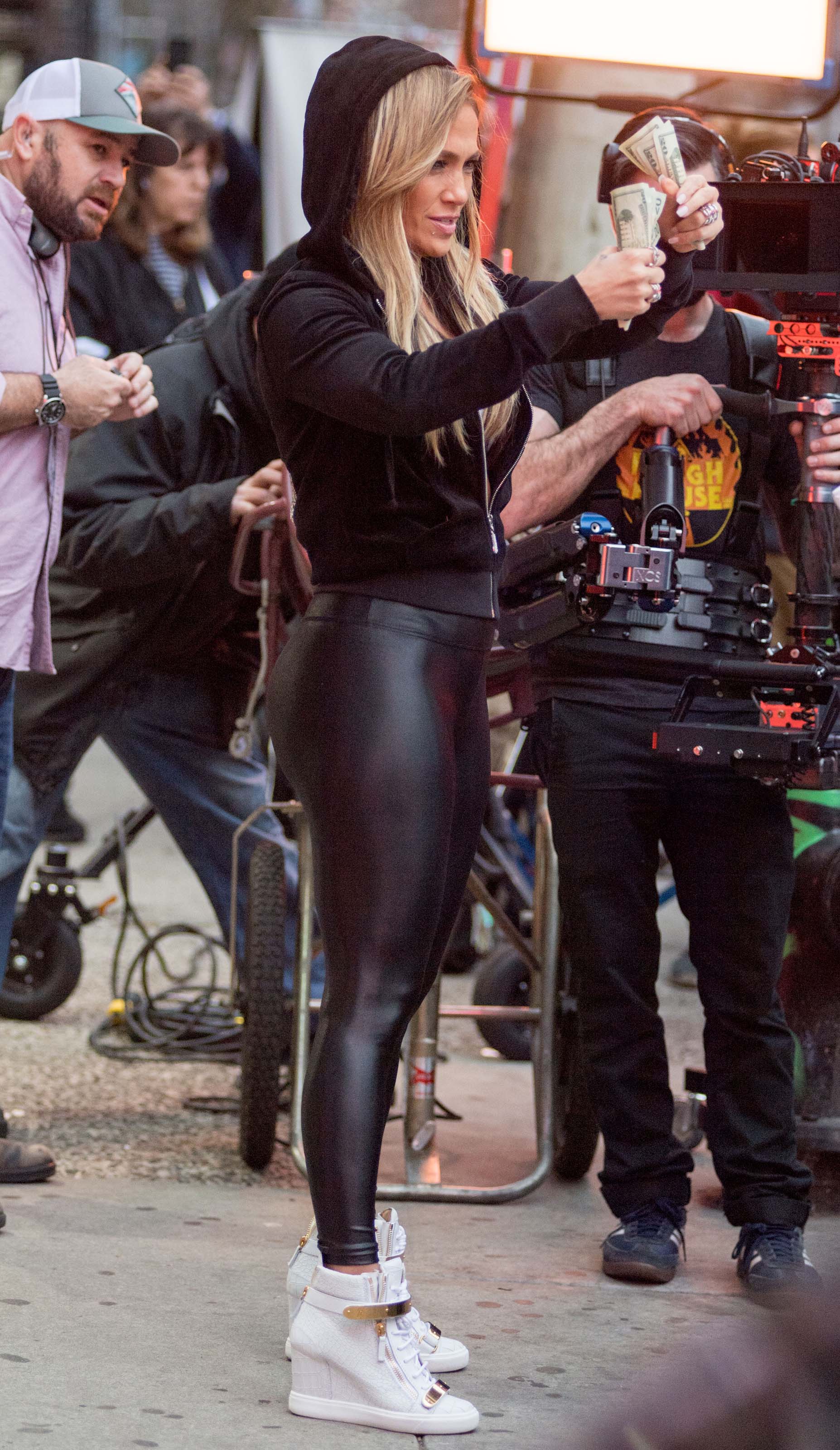 Jennifer Lopez on set as a part of her role in Hustlers