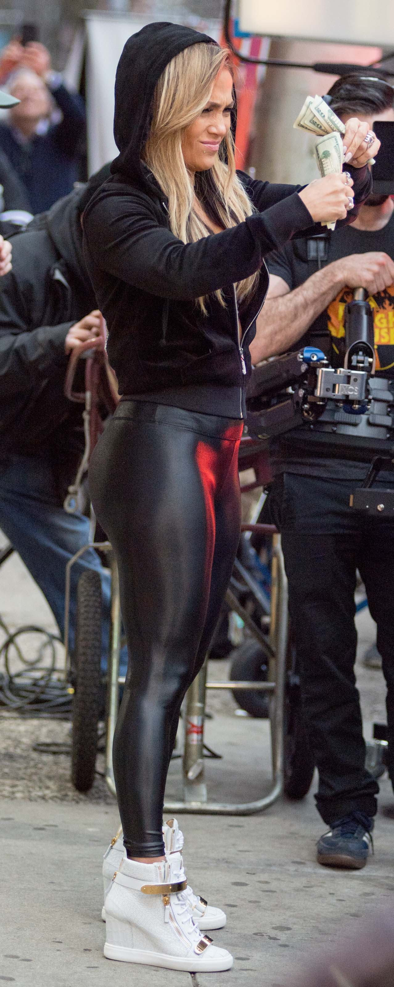 Jennifer Lopez on set as a part of her role in Hustlers