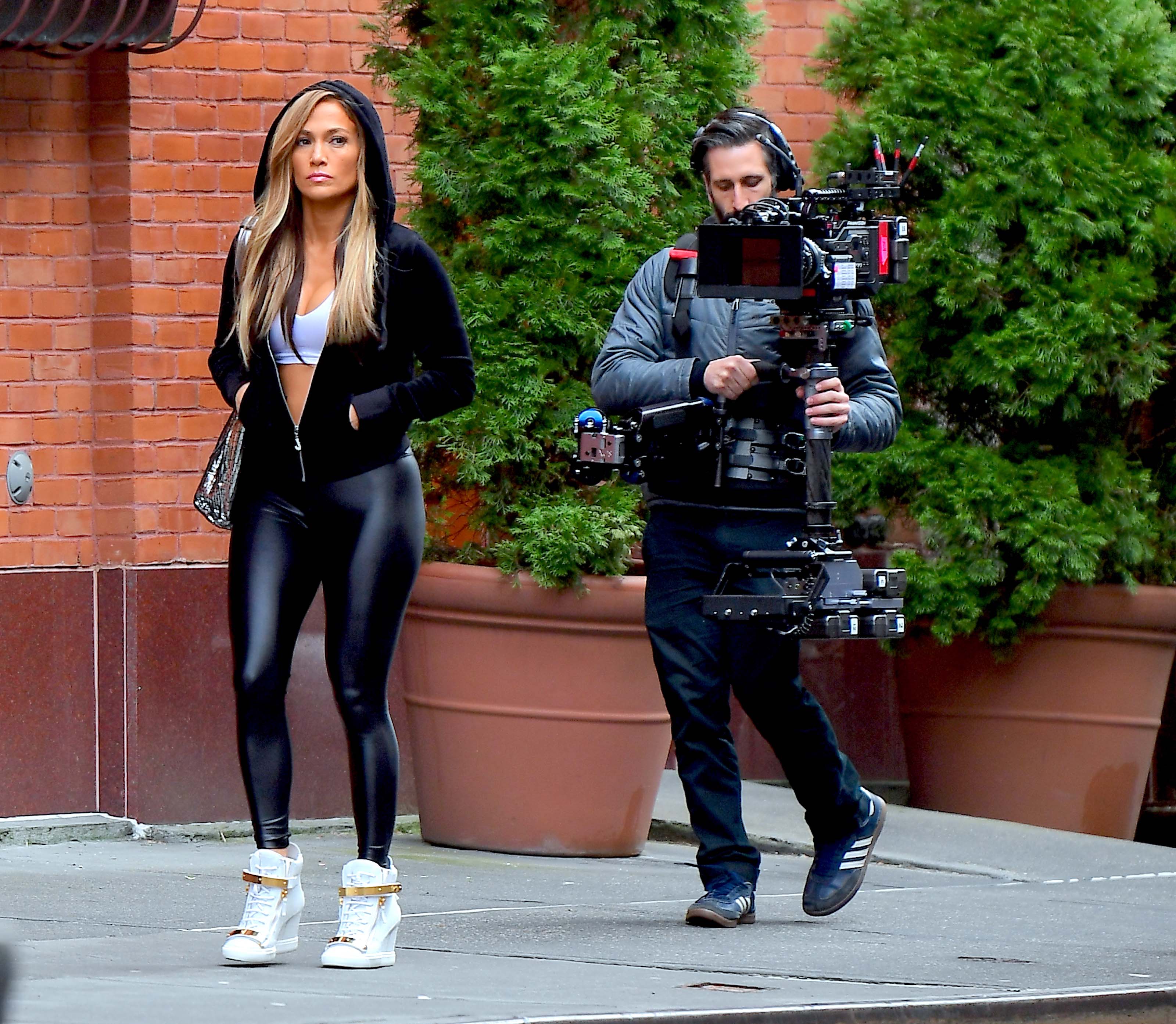 Jennifer Lopez on set as a part of her role in Hustlers